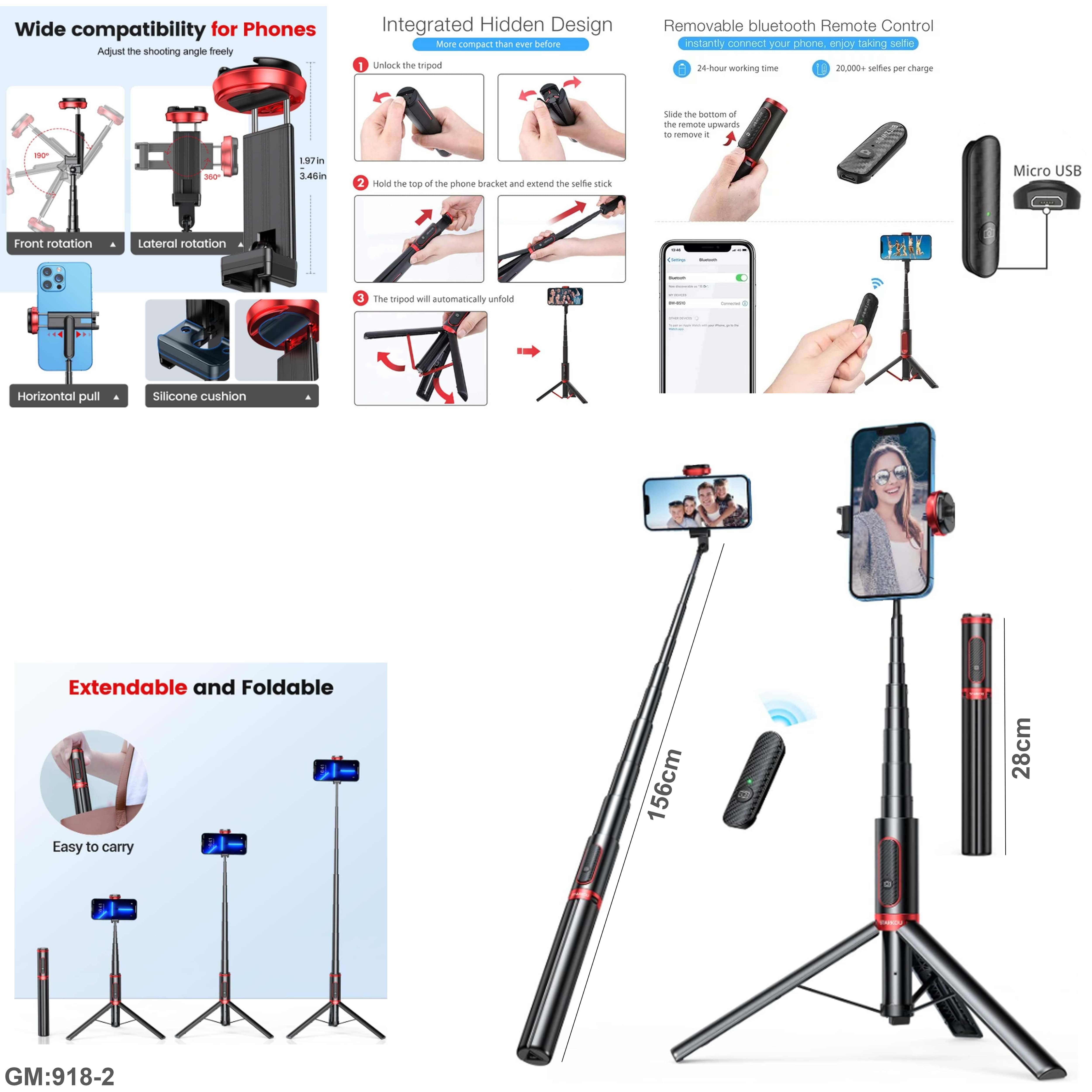 عصا تصوير سيلفي متعددة الأغراض من الألمنيوم بطول 1.5 متر مع تحكم لاسلكي بلوتوث "918-2"