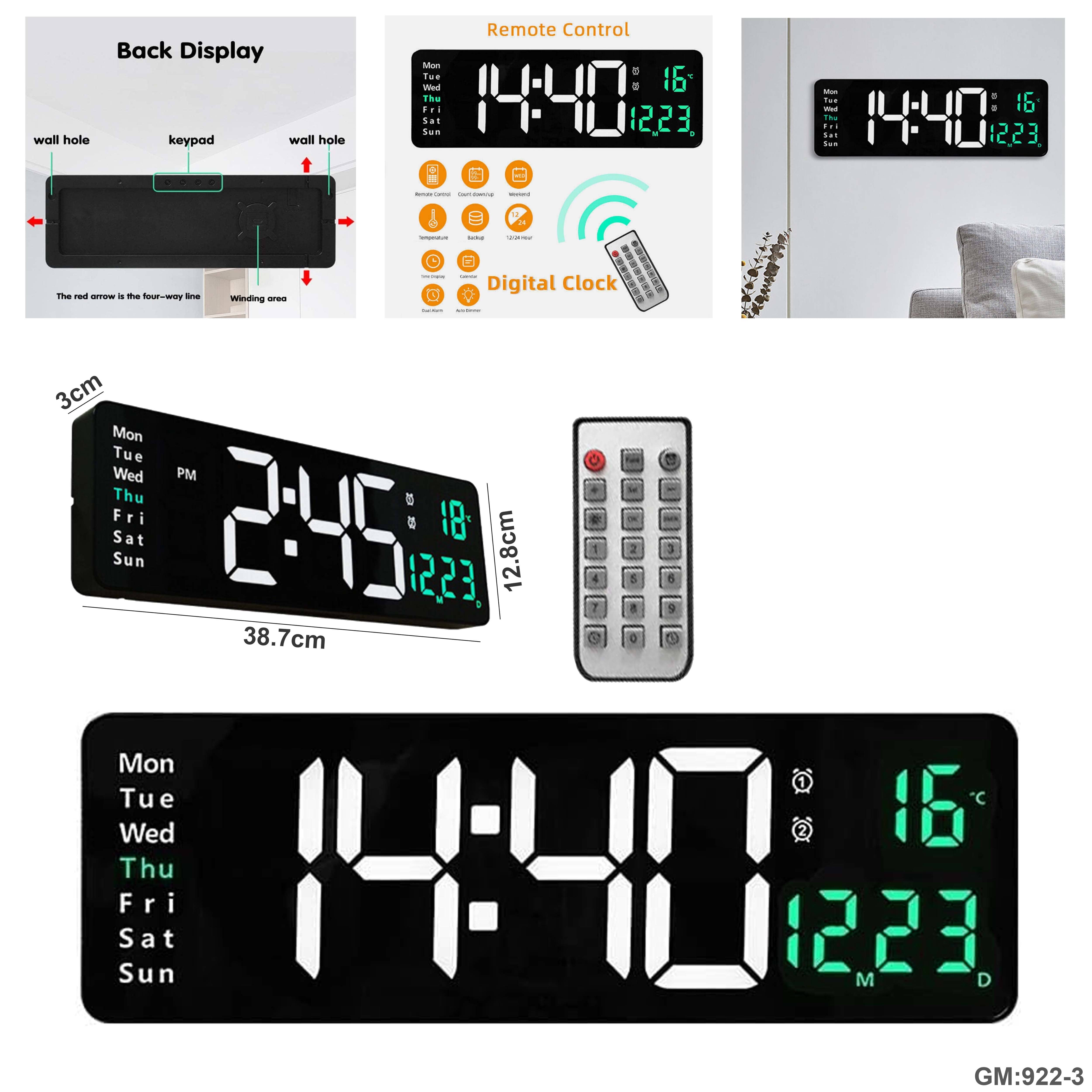 LED Large Digital Wall-Mounted Clock with Remote Control "922-3"