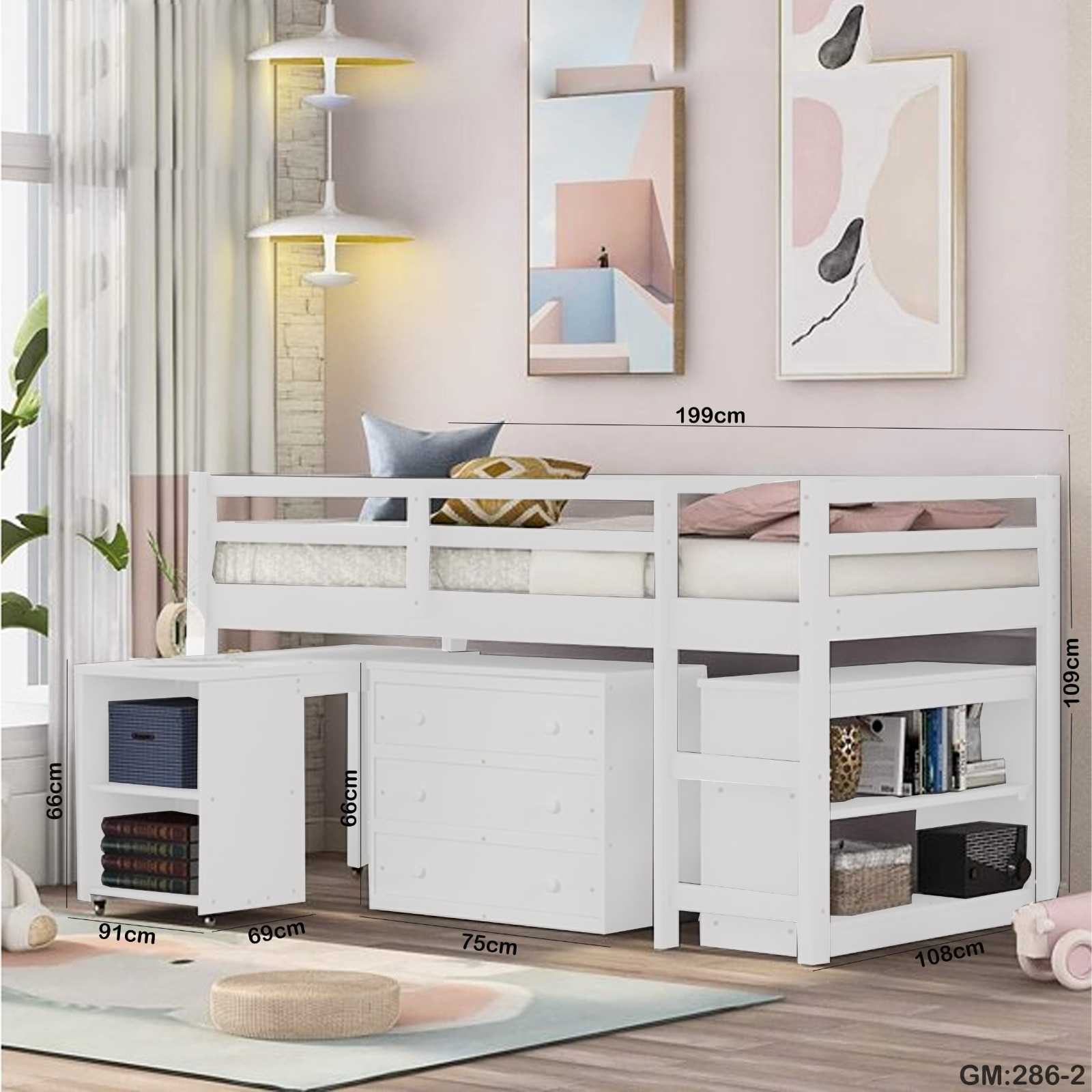 Low Study Twin Loft Bed with Cabinet and Rolling Portable Desk "bd367-1"
