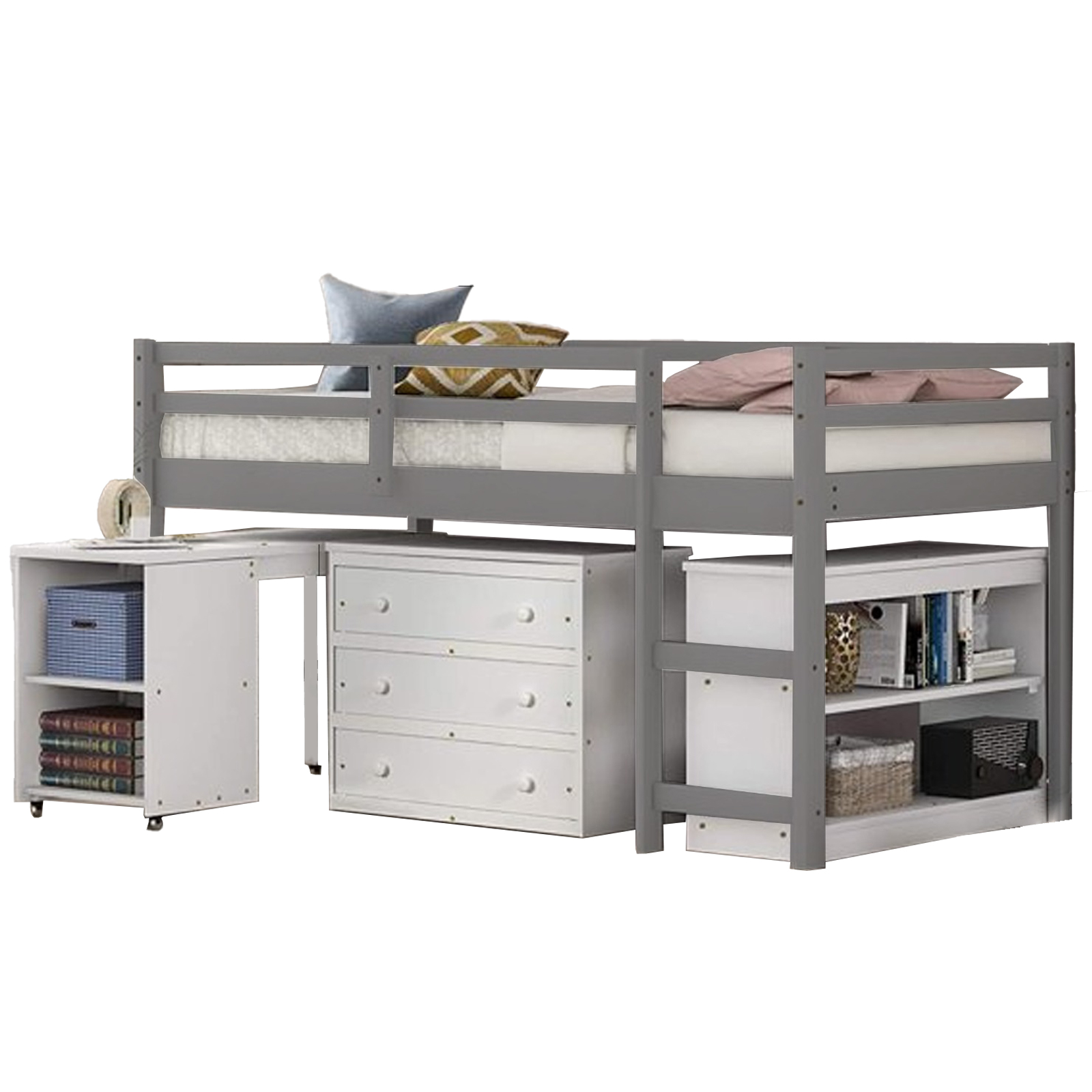 Low Study Twin Loft Bed with Cabinet and Rolling Portable Desk "bd367-1"