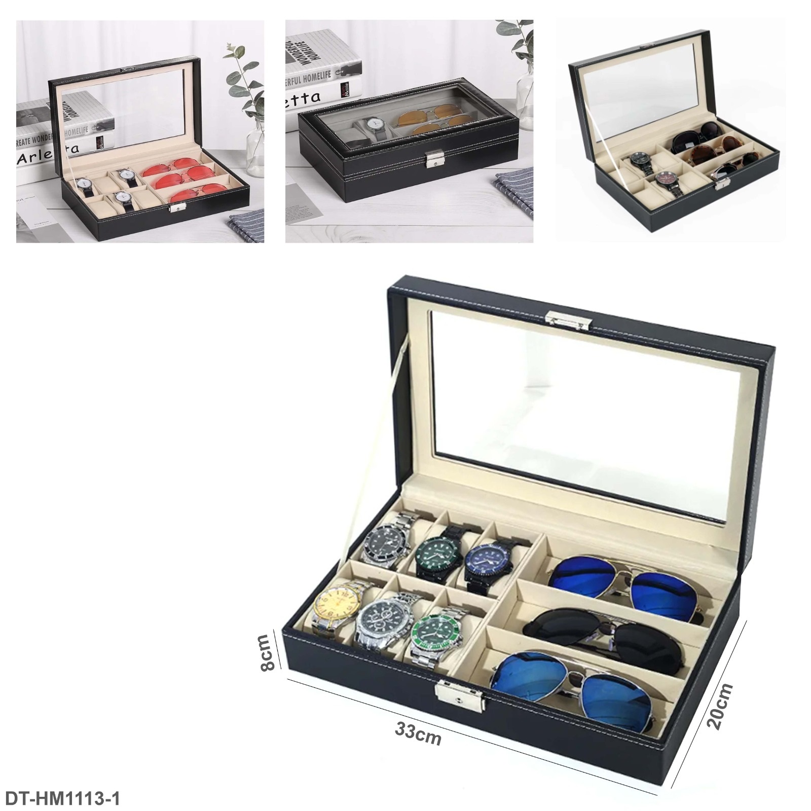 PU Leather Watch Box 6 Slots + 3 Glasses Storage Case With Transparent Cover "DT-HM1113-1"