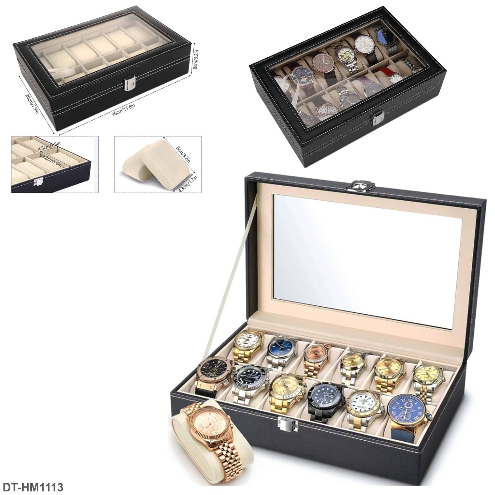 صندوق ساعات بو leather 12 فتحة تخزين مع غطاء زجاجي "DT-HM1113"