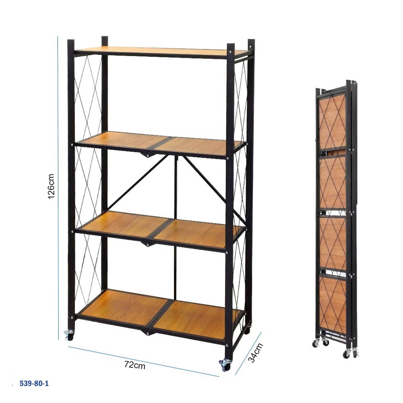 رف تخزين خشبي قابل للطي بأربعة طبقات مع عجلات قابلة للقفل - مجمع مسبقًا - 72×34×126 سم "539-80-1"