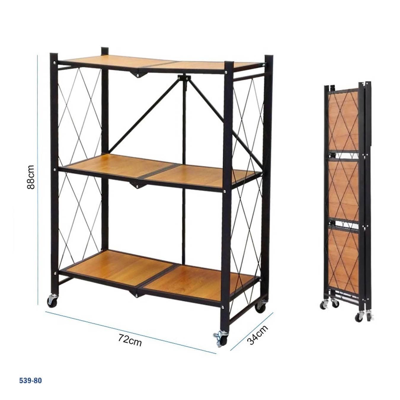 Foldable Wooden Shelf Storage Rack | 3-Tier Rolling Organizer with Wheels – 72×34×88 cm "539-80"