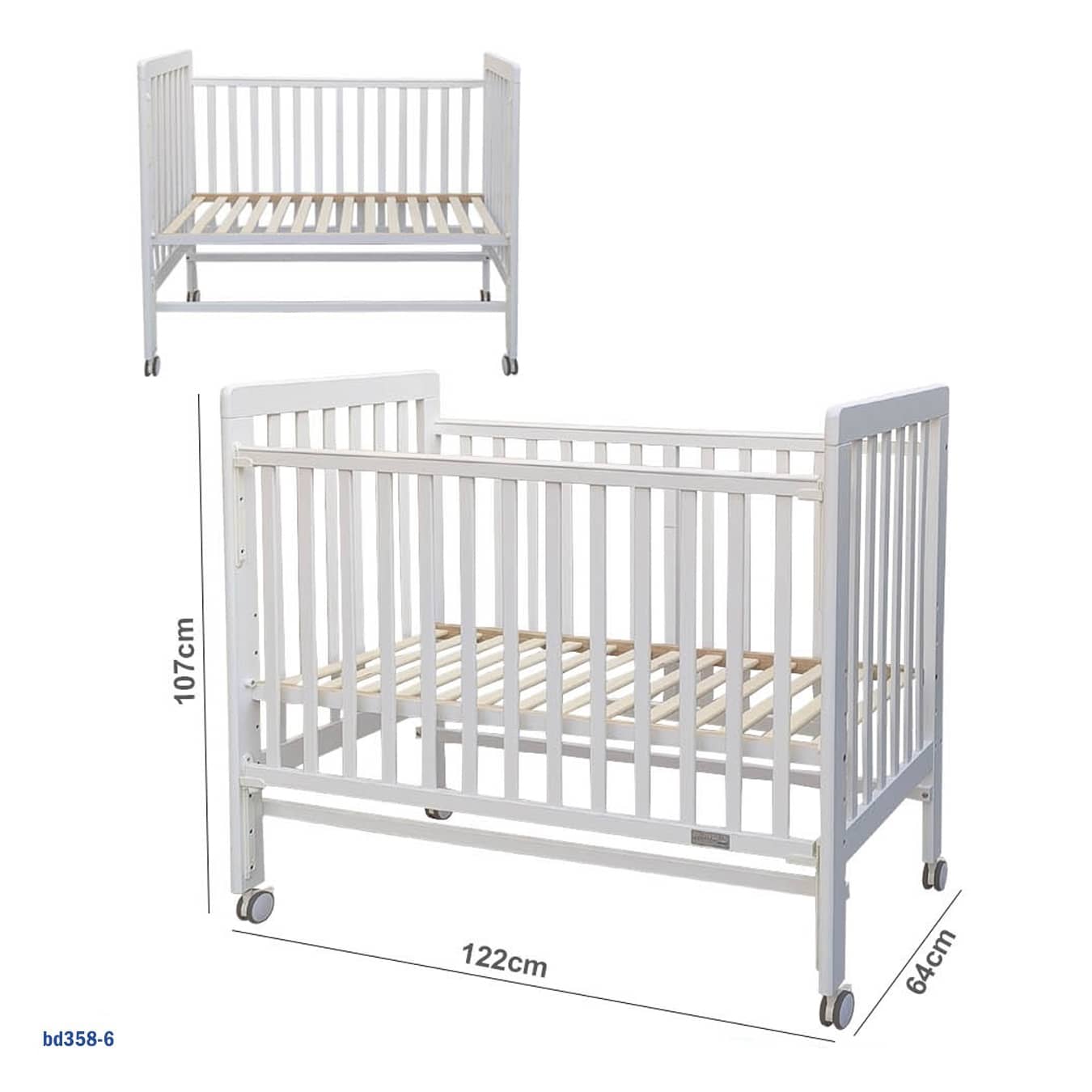 سرير أطفال خشبي للرضع حديثي الولادة حتى سن سنتين - أبيض - بعجلات "bd358-6"
