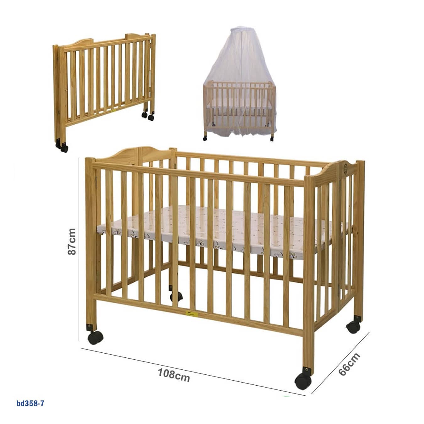 سرير أطفال خشبي قابل للطي - مدمج ومتنقل - من عمر 0 إلى 2 سنة - لون الخشب الطبيعي "bd358-7"