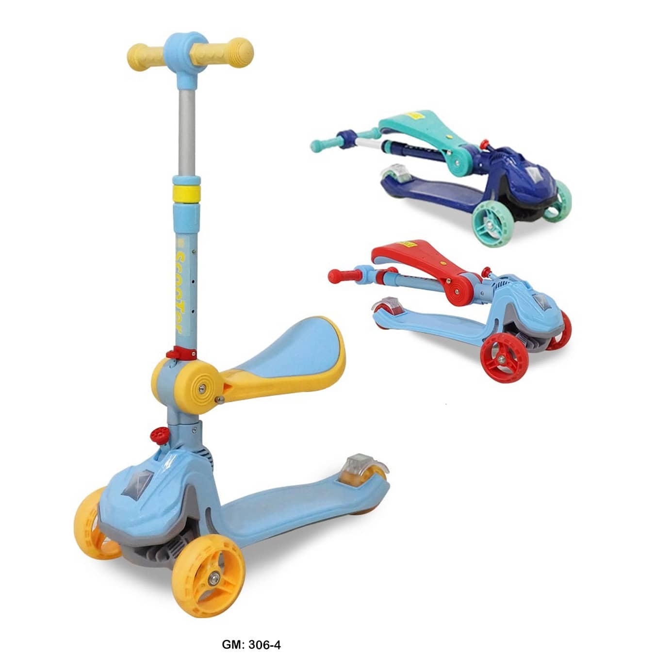 الدراجة الهوائية للأطفال قابلة للطي مع مقعد قابل للتعديل وعجلات LED | سكوتر ركل بثلاث عجلات "306-4"