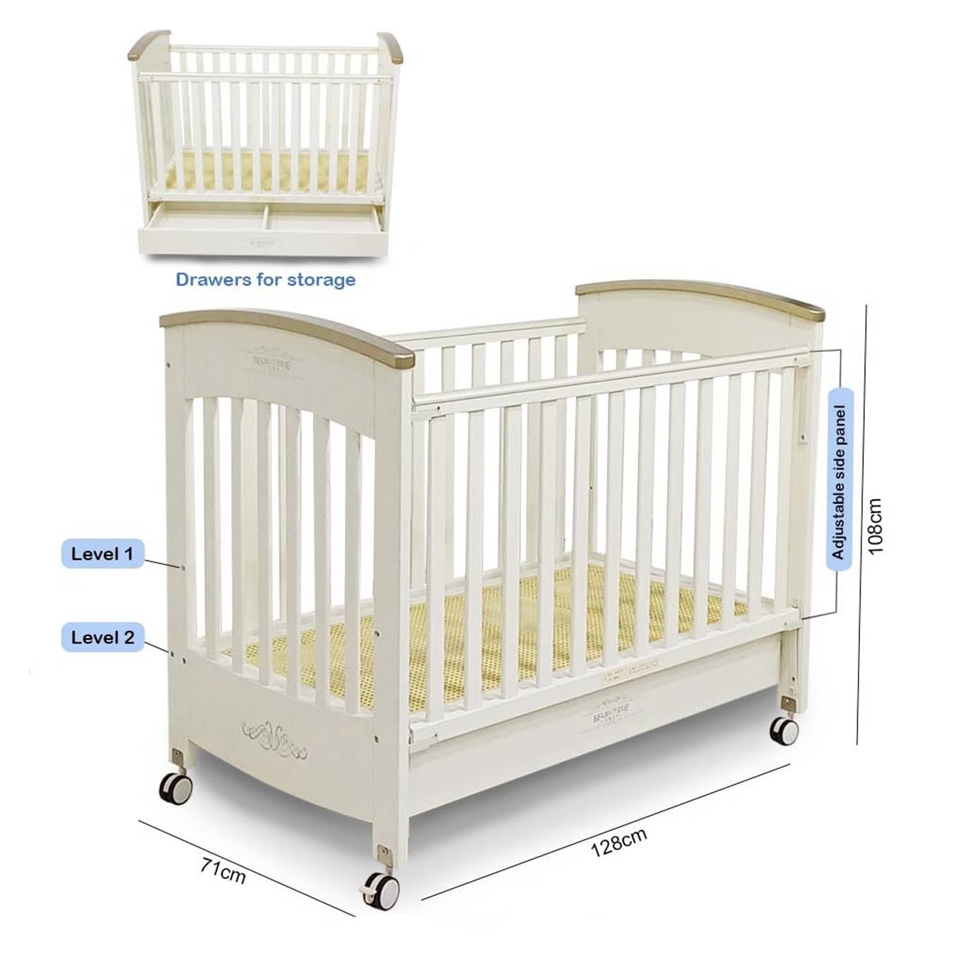 سرير أطفال خشبي | ارتفاع قابل للتعديل | درج تخزين | مرتبة ١٢٠×٦٤×٩ سم | مناسب للأطفال من عمر ٠ إلى سنتين | أقصى سعة ٢٥ كجم "bd358-8"