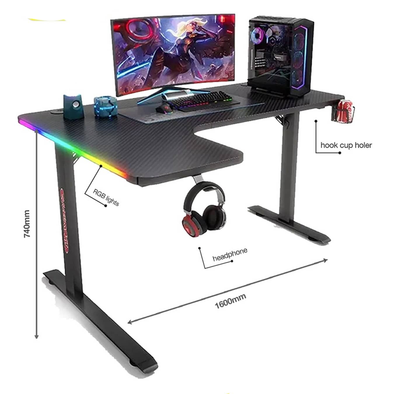 Corner L-Shaped Gaming Desk with RGB Lights | 160cm Gaming Workstation | Cup Holder & Headphone Hook"CS-LCDSK09"