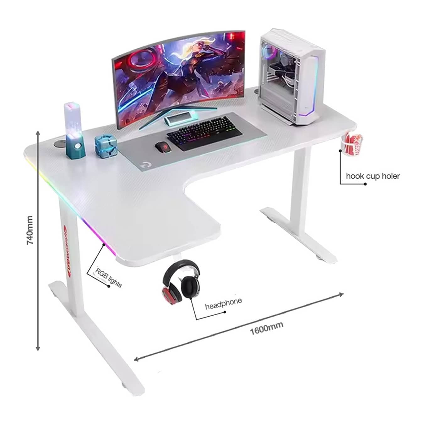 Corner L-Shaped Gaming Desk with RGB Lights | 160cm Gaming Workstation | Cup Holder & Headphone Hook"CS-LCDSK09"