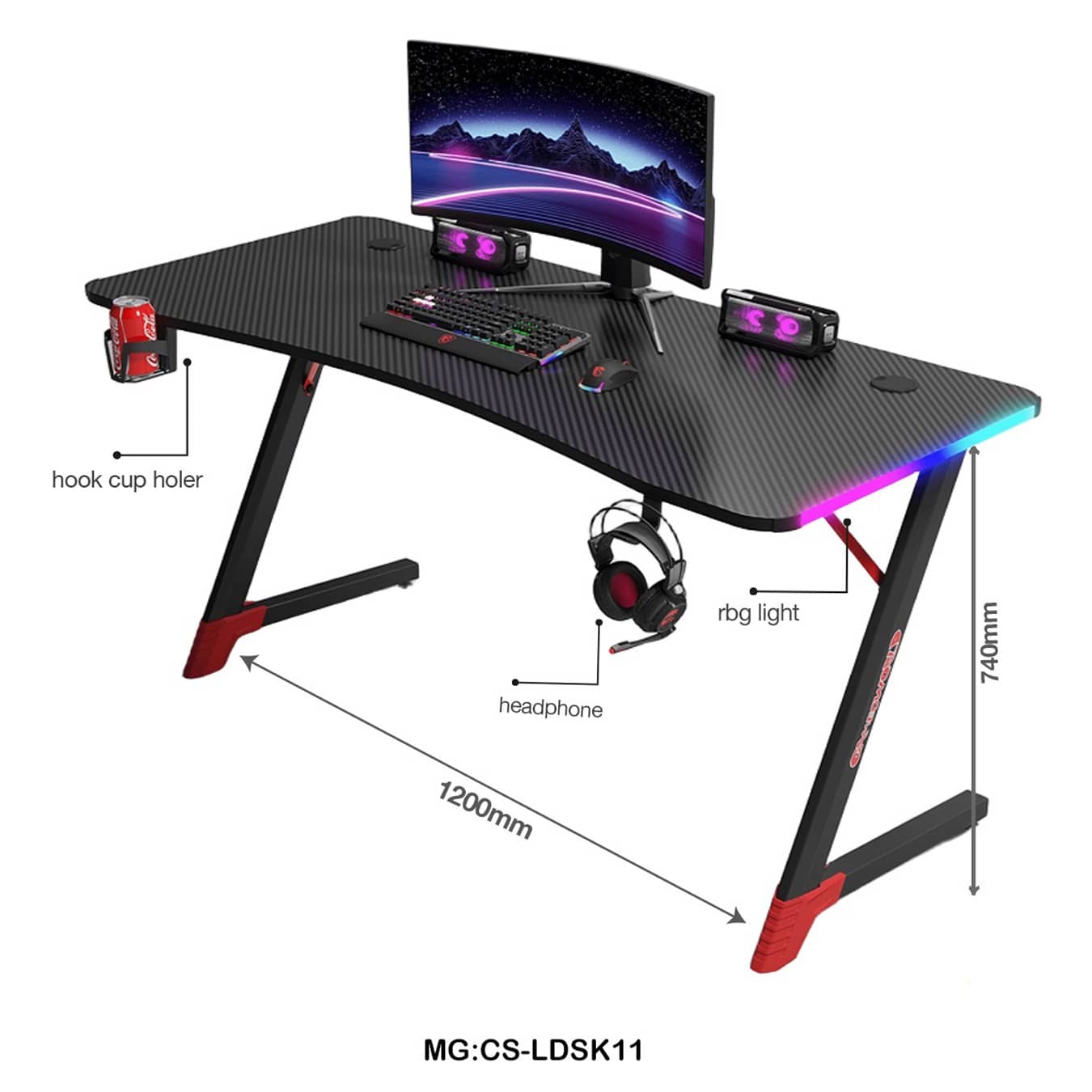 Z-Shaped Gaming Desk with RGB Lights | 120cm Gaming Table with Headphone & Cup Holder "CS-LDSK11"