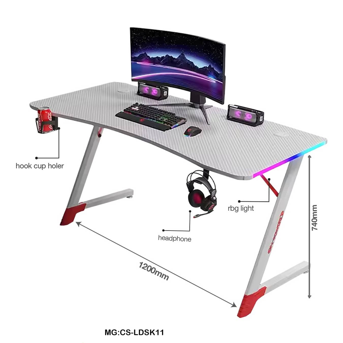 Z-Shaped Gaming Desk with RGB Lights | 120cm Gaming Table with Headphone & Cup Holder "CS-LDSK11"