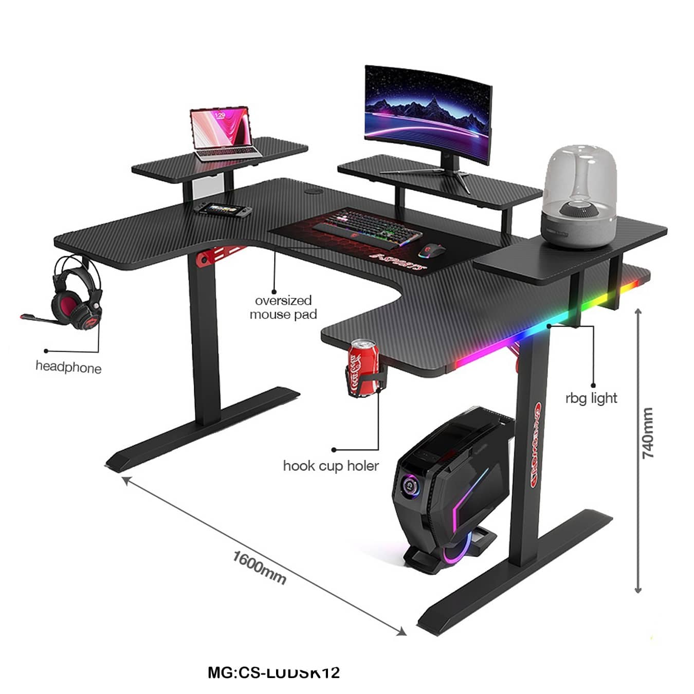 Racing-Inspired RGB Gaming Desk | 160cm Gaming Workstation with Multi-Level Shelves "CS-LUDSK12"