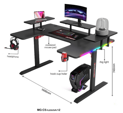 مكتب الألعاب المستوحى من سباق السيارات مع إضاءة RGB | محطة للألعاب بطول 160 سم مع رفوف متعددة المستويات "CS-LUDSK12"