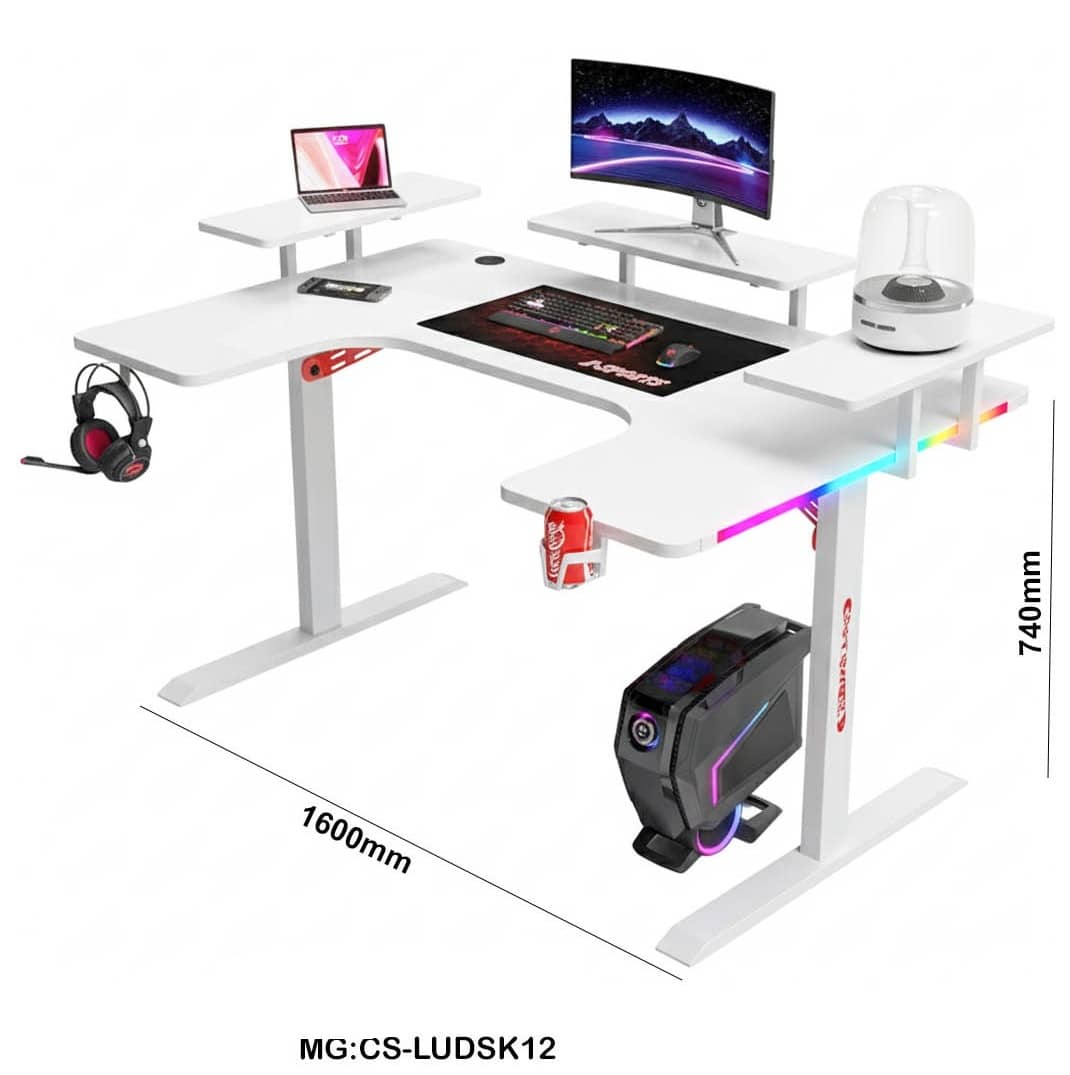 Racing-Inspired RGB Gaming Desk | 160cm Gaming Workstation with Multi-Level Shelves "CS-LUDSK12"