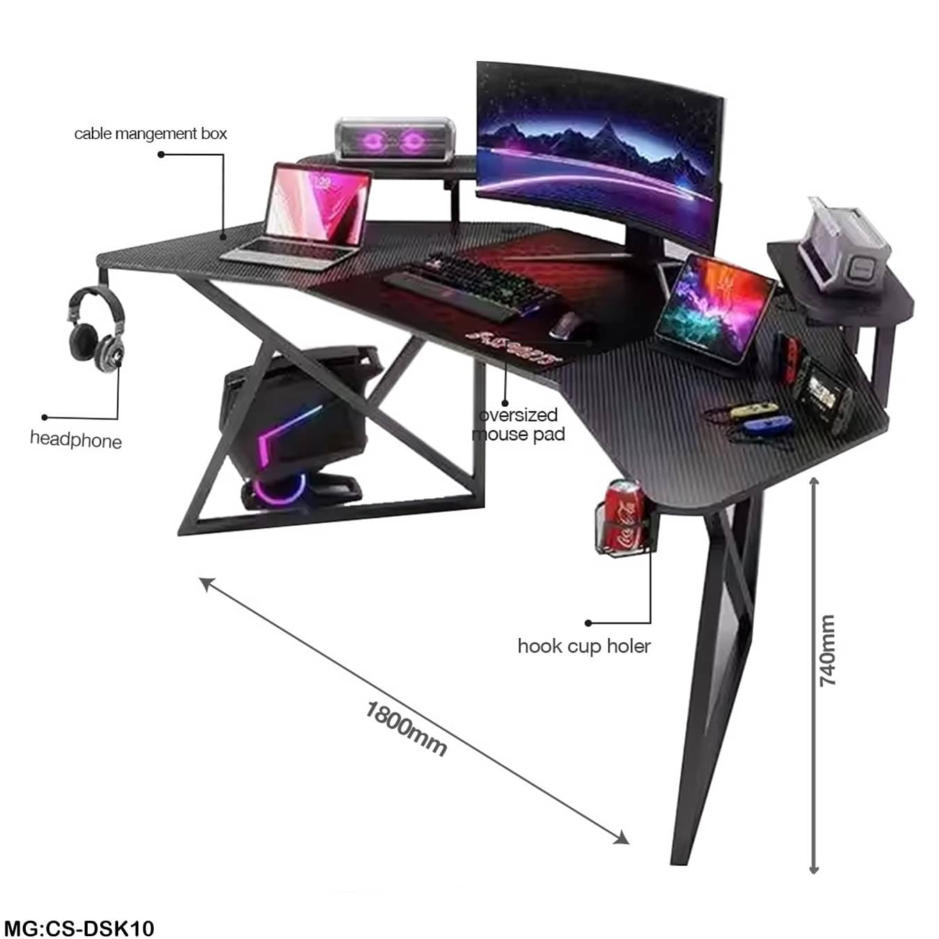 Futuristic L-Shaped Gaming Desk Setup | 180cm Workstation with Oversized Mouse Pad & Accessories "CS-DSK10"