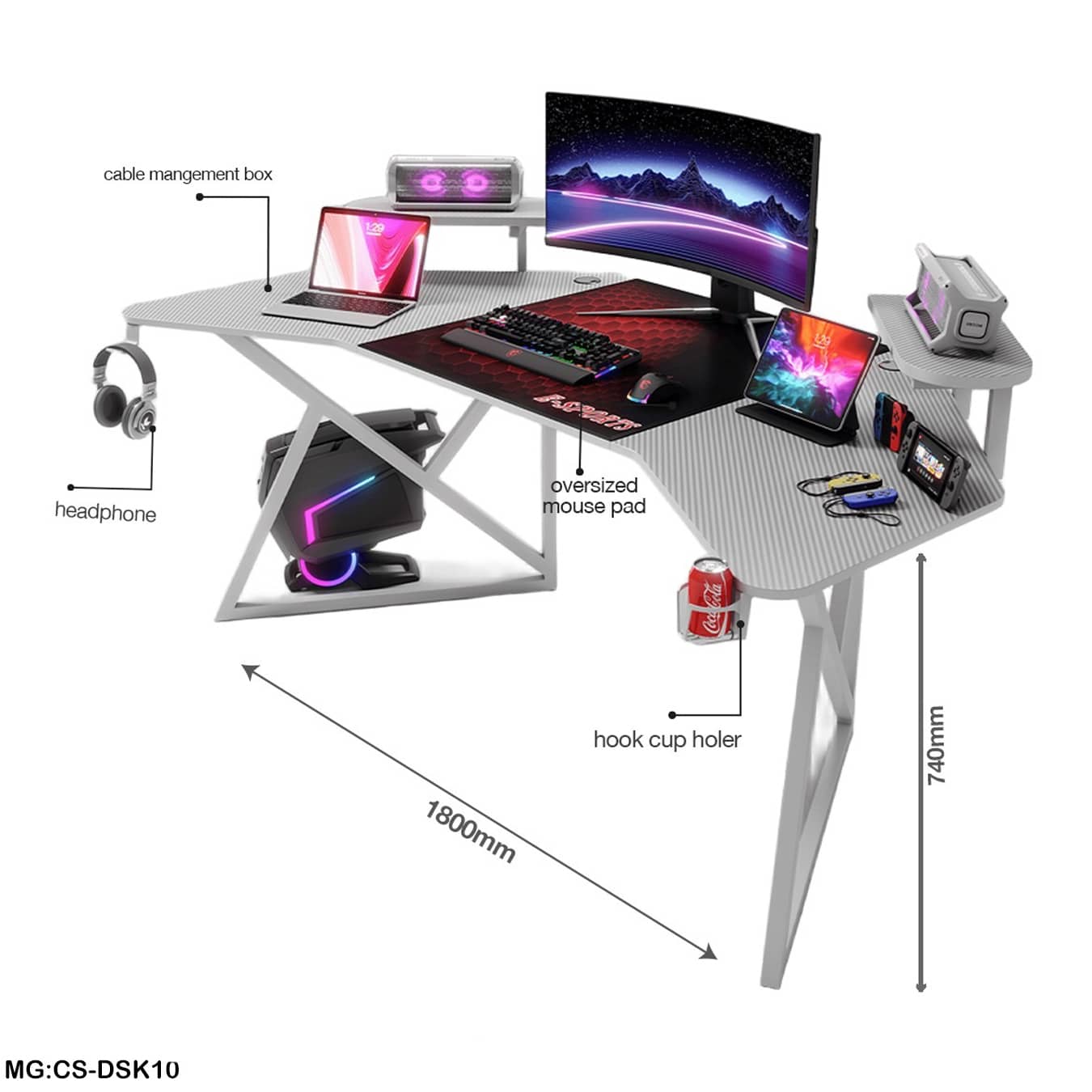 Futuristic L-Shaped Gaming Desk Setup | 180cm Workstation with Oversized Mouse Pad & Accessories "CS-DSK10"