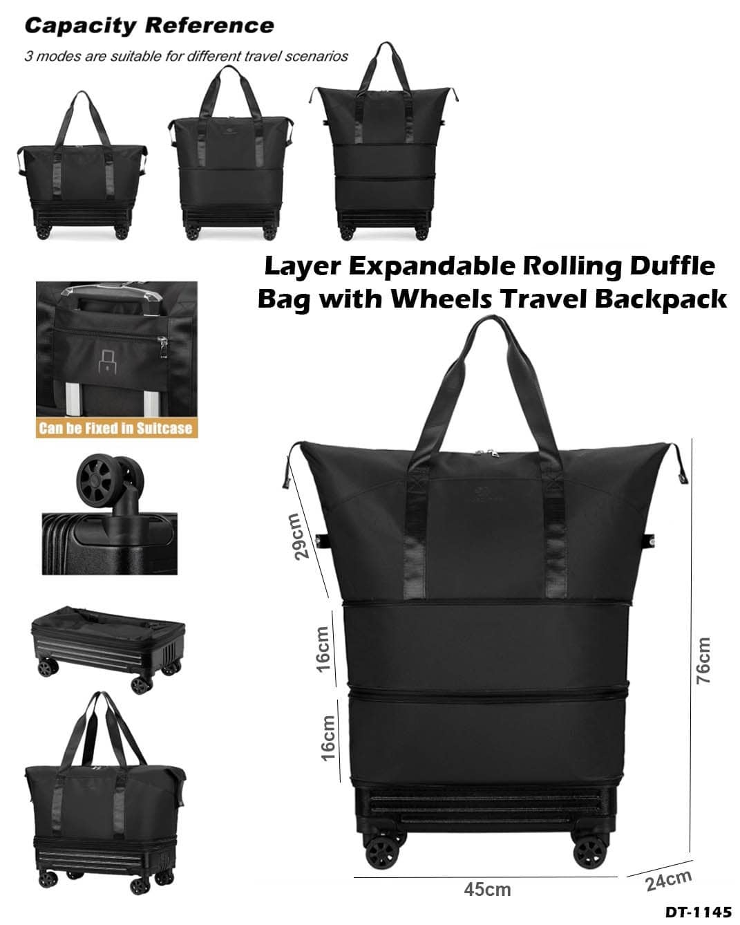 LAYER EXPANDABLE ROLLING DUFFLE BAG WITH WHEELS TRAVEL BACKPACK"DT-1145"