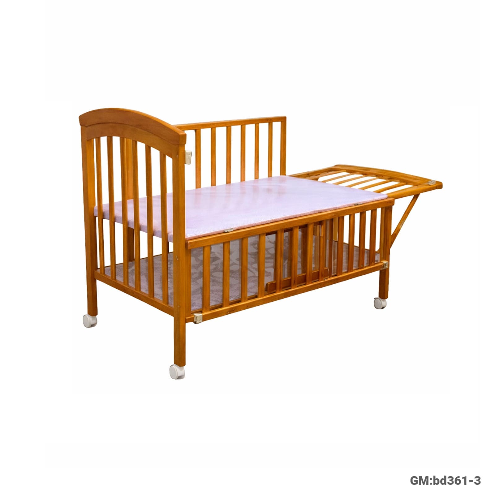 Wooden Baby Cot with Bedside Extension – On Wheels "bd361-3"