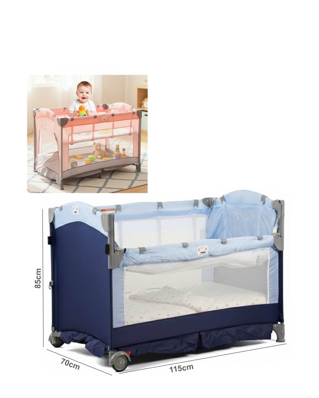 سرير أطفال محمول / ساحة لعب - جوانب شبكية وعجلات "bd357-6"