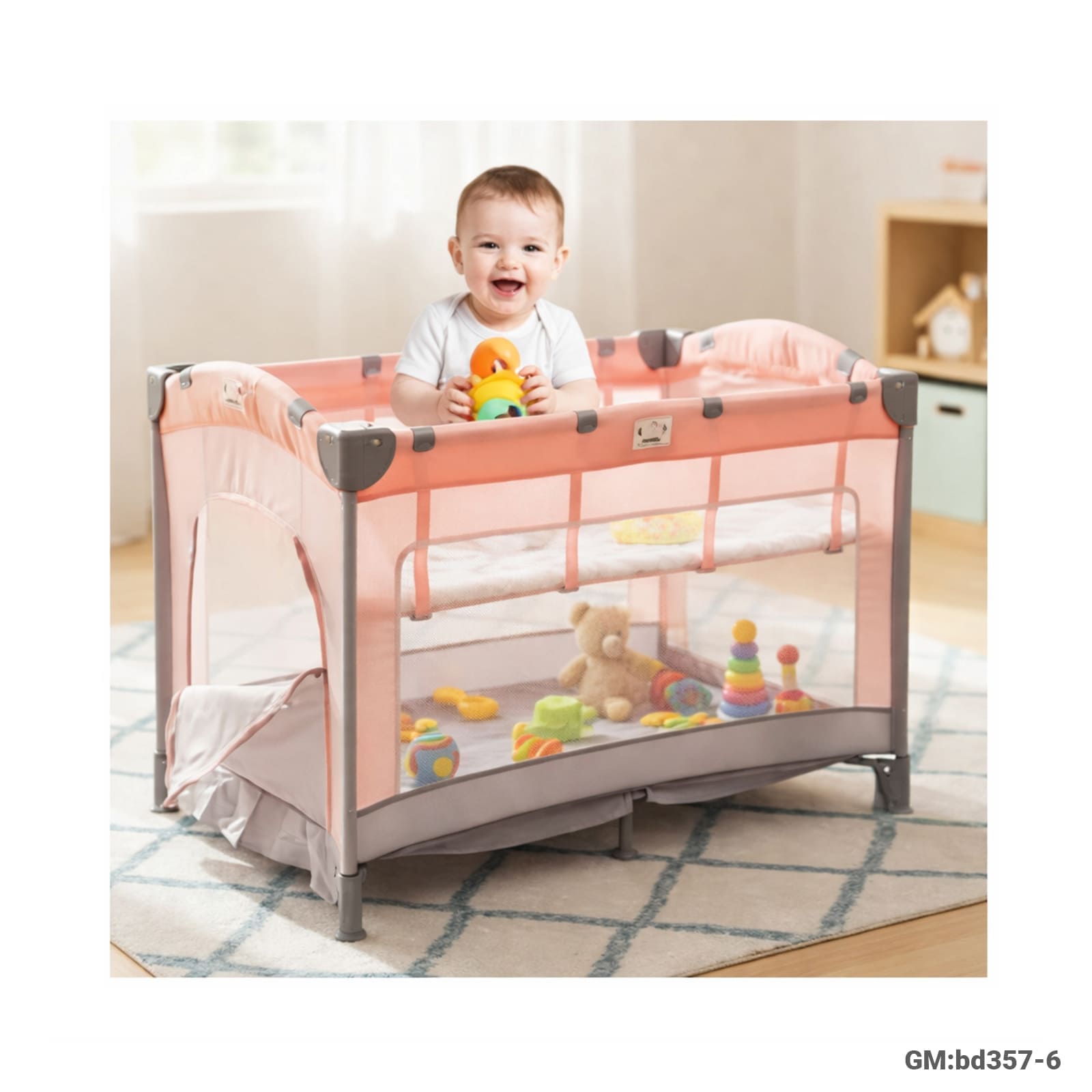 سرير أطفال محمول / ساحة لعب - جوانب شبكية وعجلات "bd357-6"