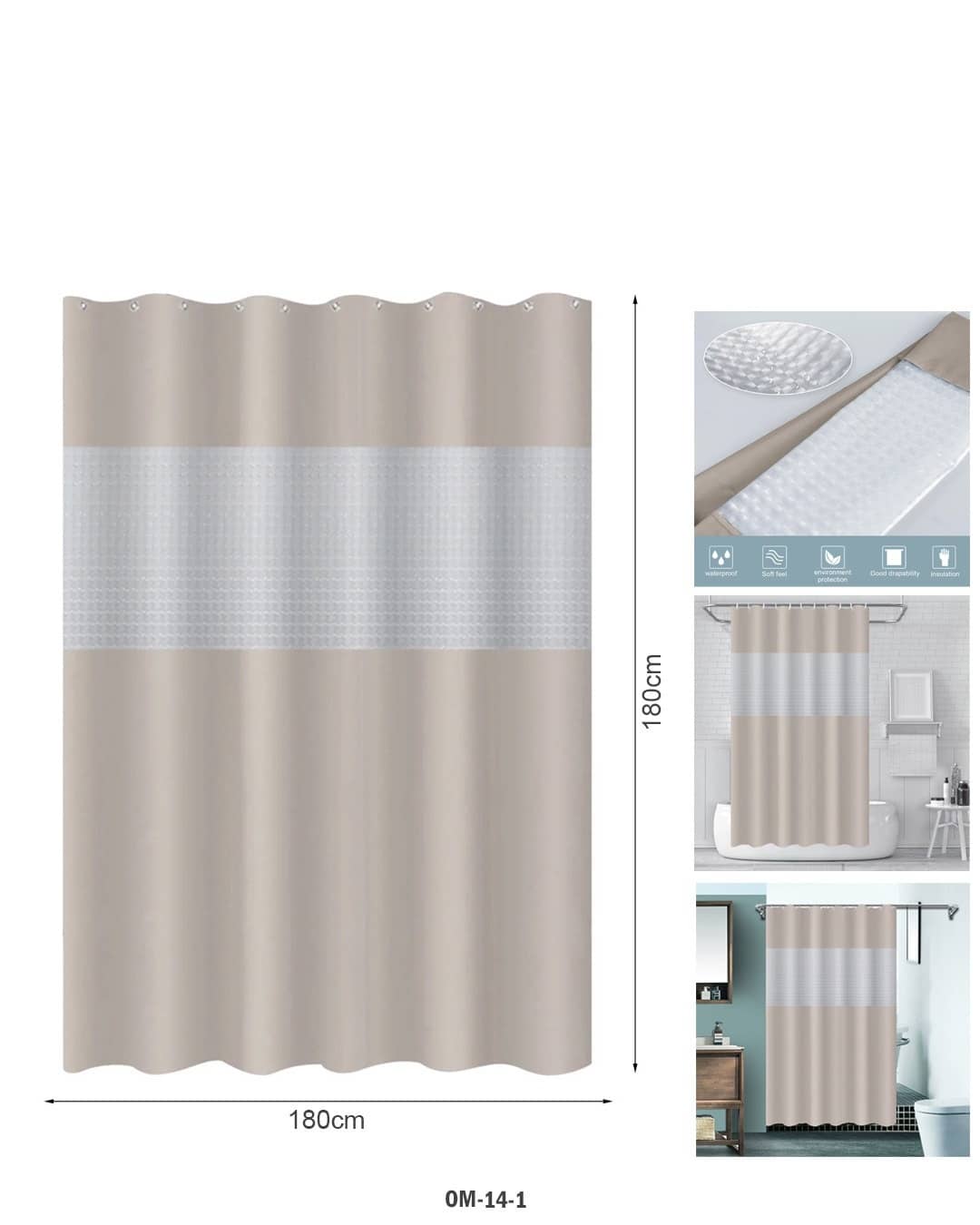 ستارة الدش بجزء علوي شفاف - ستارة خصوصية مُقاومة للماء (الطراز OM-14-1)