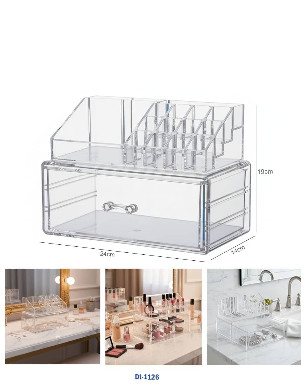 صندوق تخزين مكياج أكريليك - درج + منظم علوي "dt-1126"
