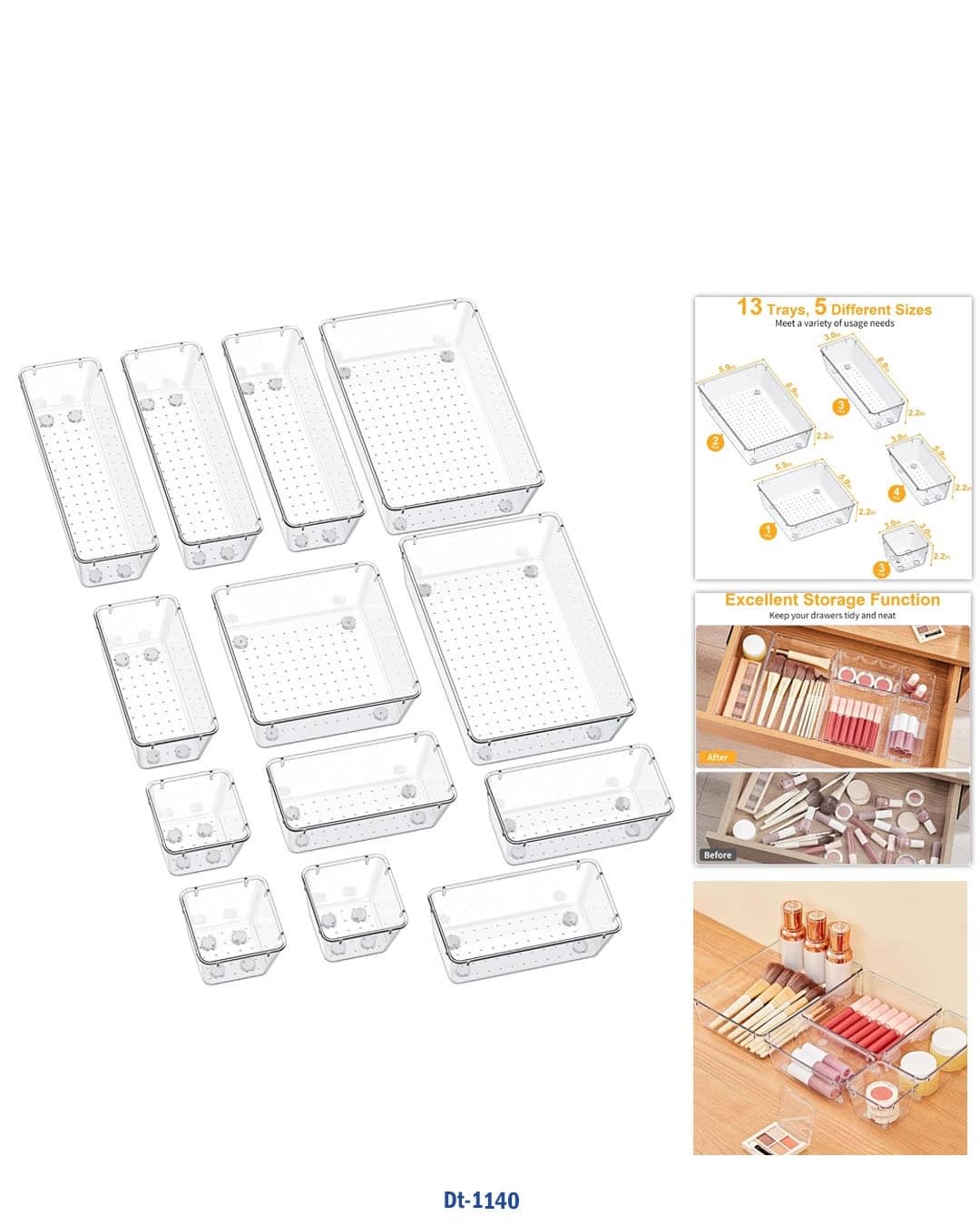 مجموعة تنظيم الأدراج المؤلفة من 13 قطعة - صواني تخزين شفافة بأحجام متعددة (الموديل DT-1140)
