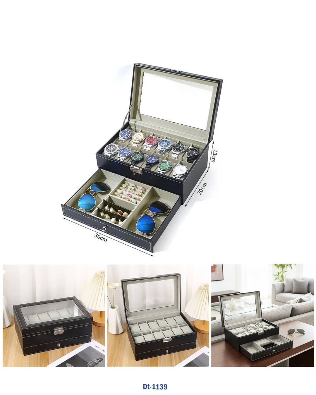 منظم ساعات ومجوهرات بـ 12 فتحة - صندوق تخزين من الجلد الاصطناعي الأسود (الموديل DT-1139)