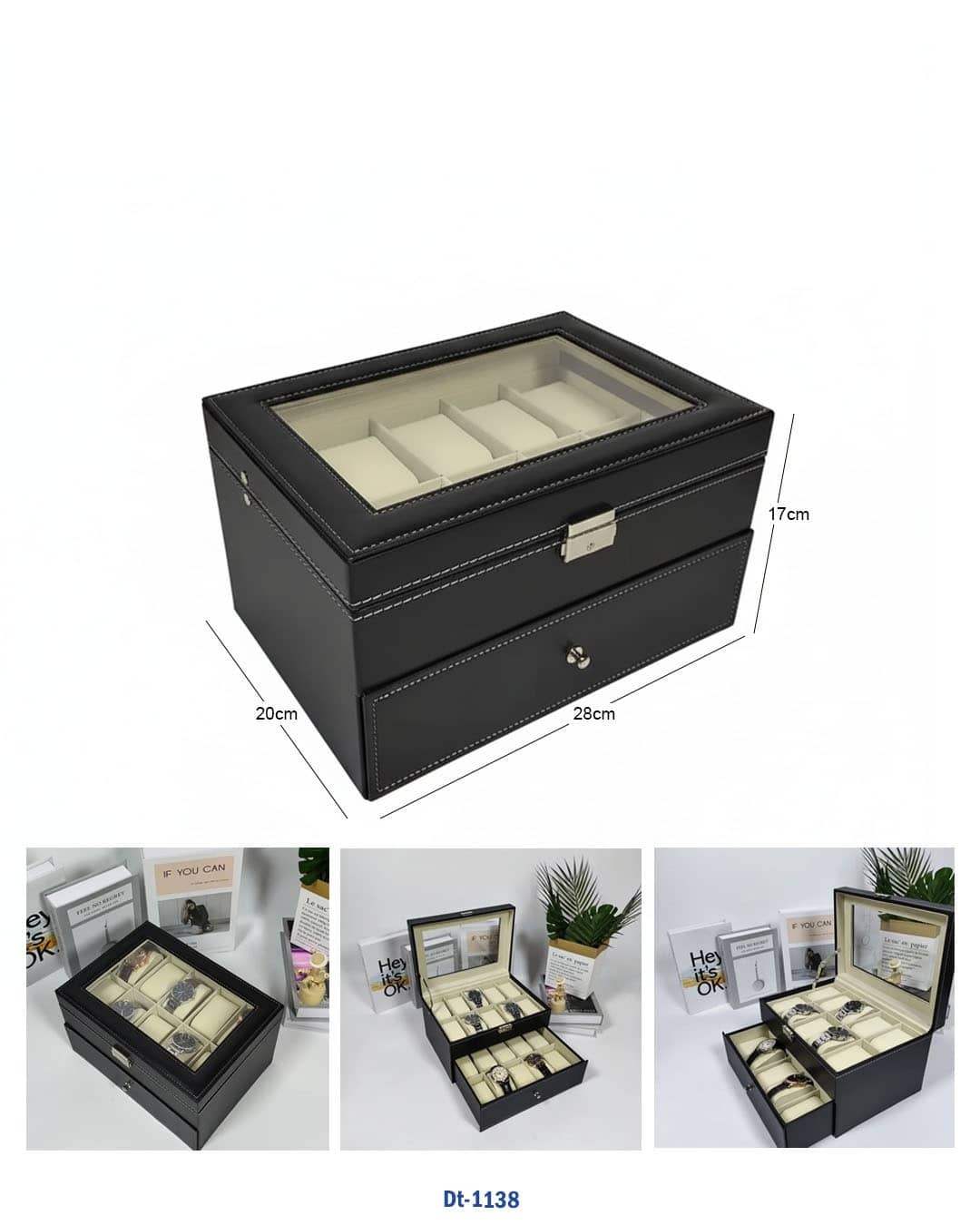 صندوق ساعات بسعة 20 فتحة - منظم من الجلد الصناعي الأسود (الموديل DT-1138)