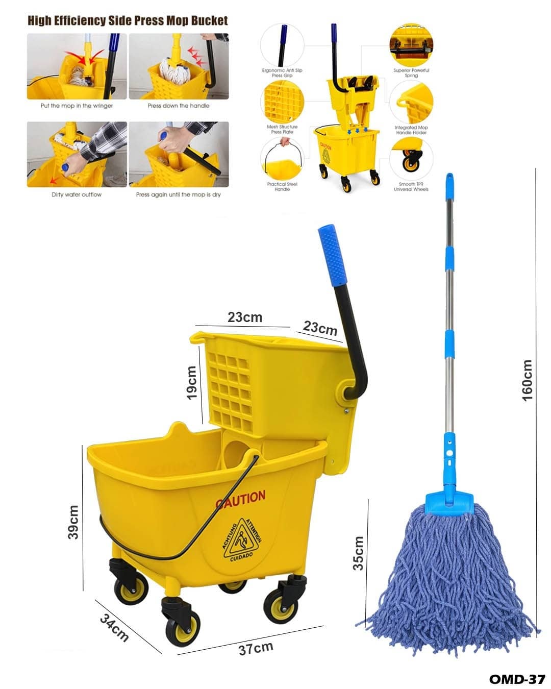 Portable 24L Mop Bucket Side Press Wringer with Wheels"omd-37"