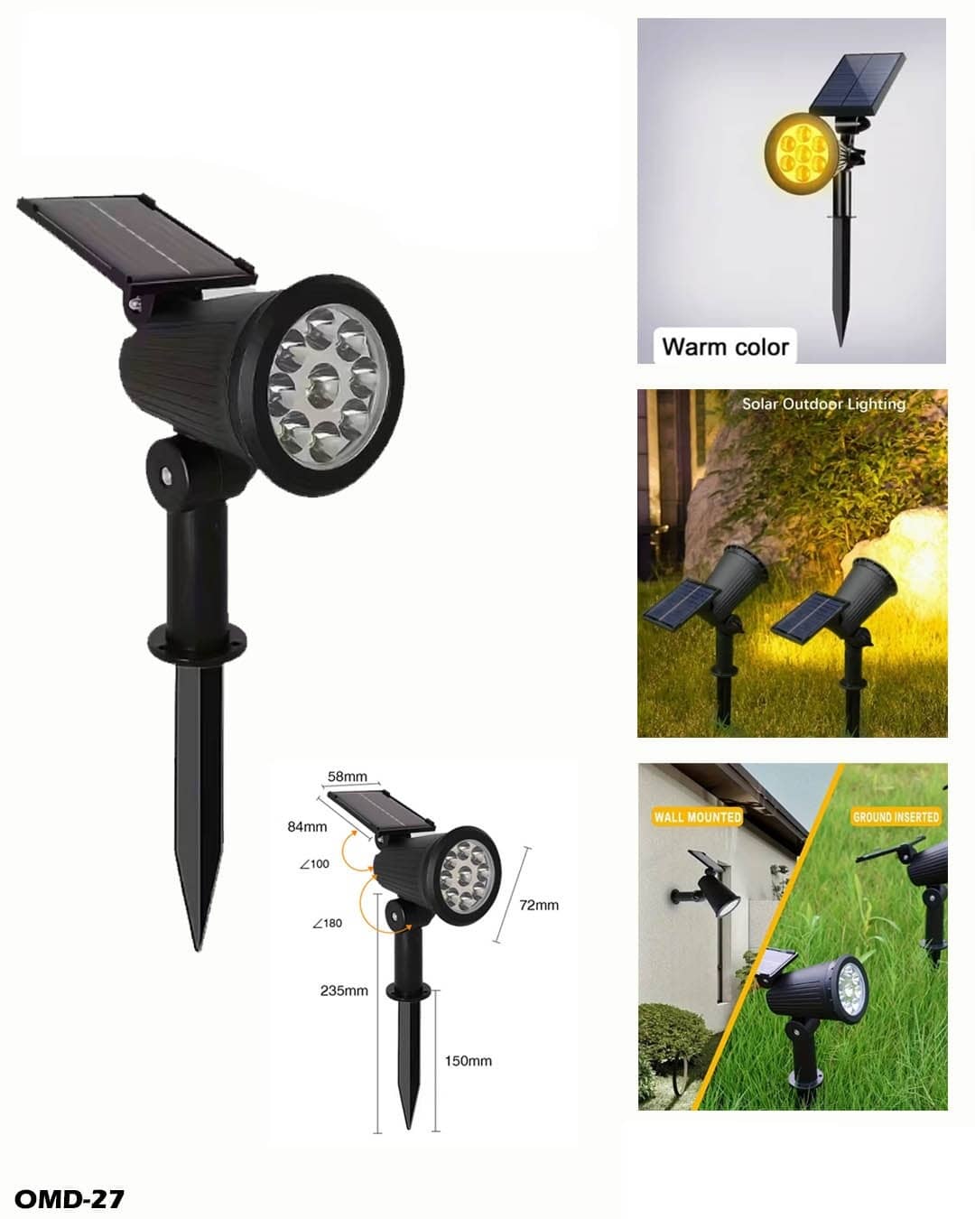 Warm Solar High Brightness Spotlight – Adjustable Angle"OMD-27"