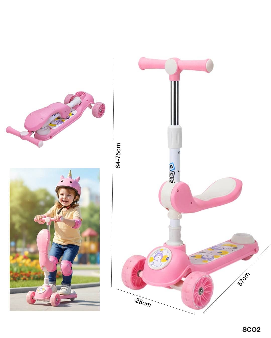 Foldable 3-Wheel Push Kick Scooter with Seat (Height Adjustable)"SCO2"