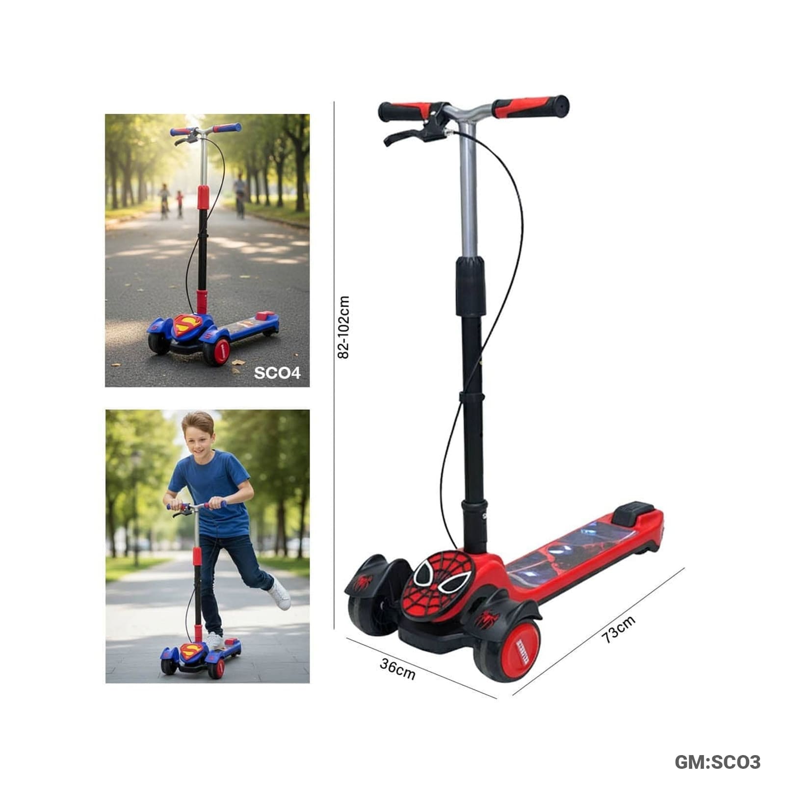 Foldable 3-Wheel Push Kick Scooter – Spider-Man & Superman Edition"SCO3"