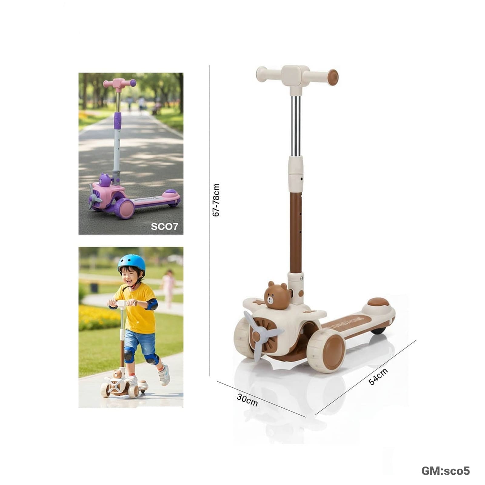 Foldable 3-Wheel Push Kick Scooter – Cute Bear Airplane Design"SCO5"