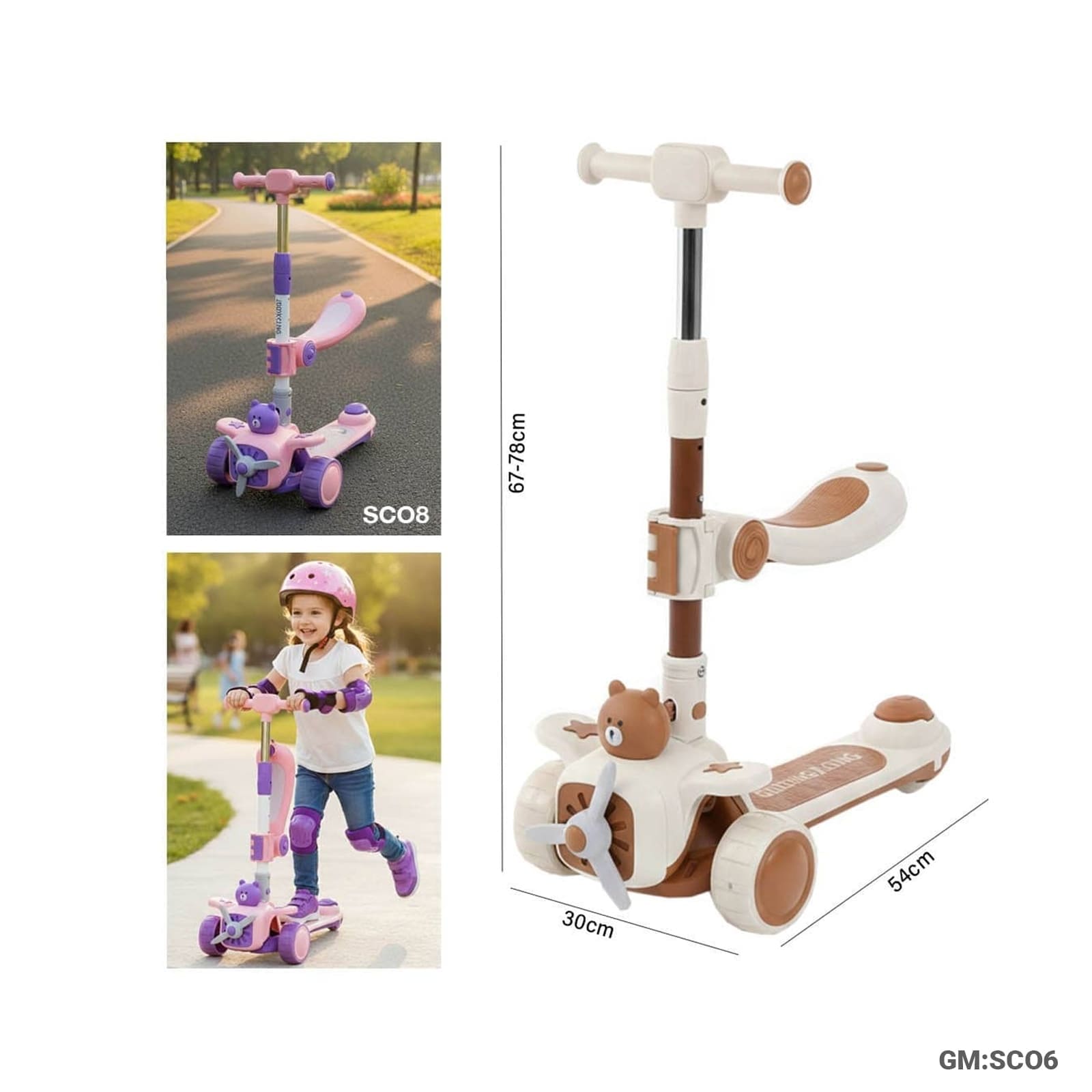 Foldable 3-Wheel Push Kick Scooter with Seat – Bear Airplane Design"SCO6"