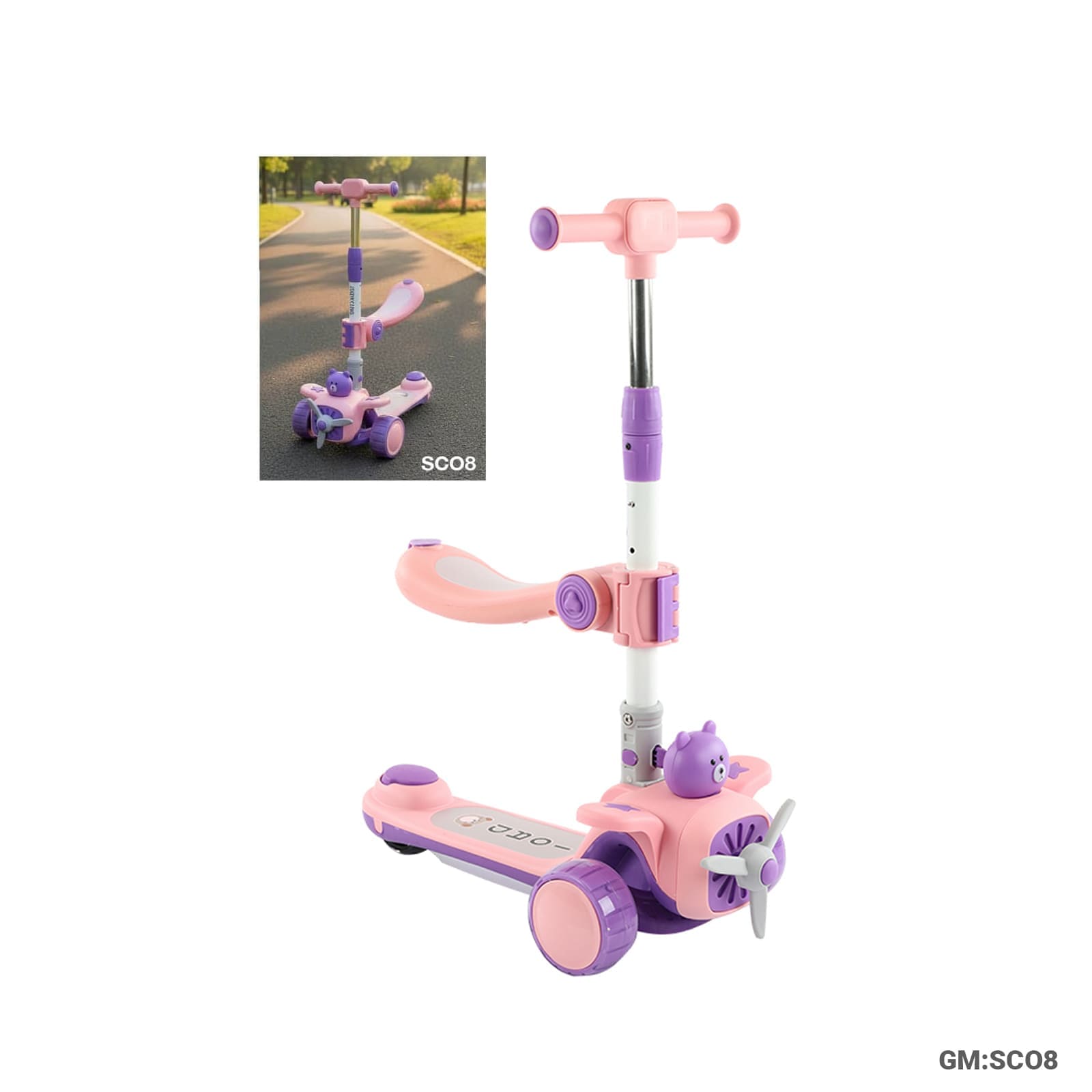 Foldable 3-Wheel Push Kick Scooter with Seat – Bear Airplane Design"SCO6"