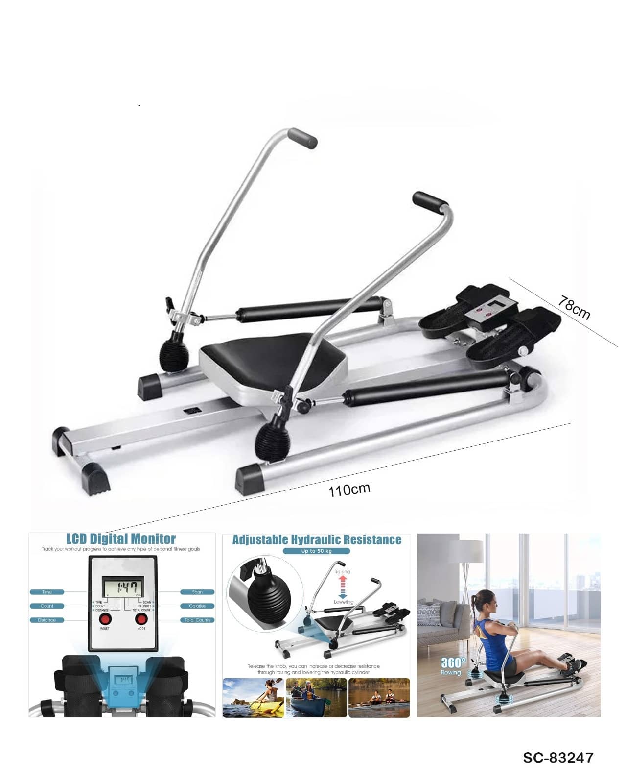 Hydraulic Rowing Machine – Full Motion Rower with LCD Monitor (Adjustable Resistance)"SC-83247"