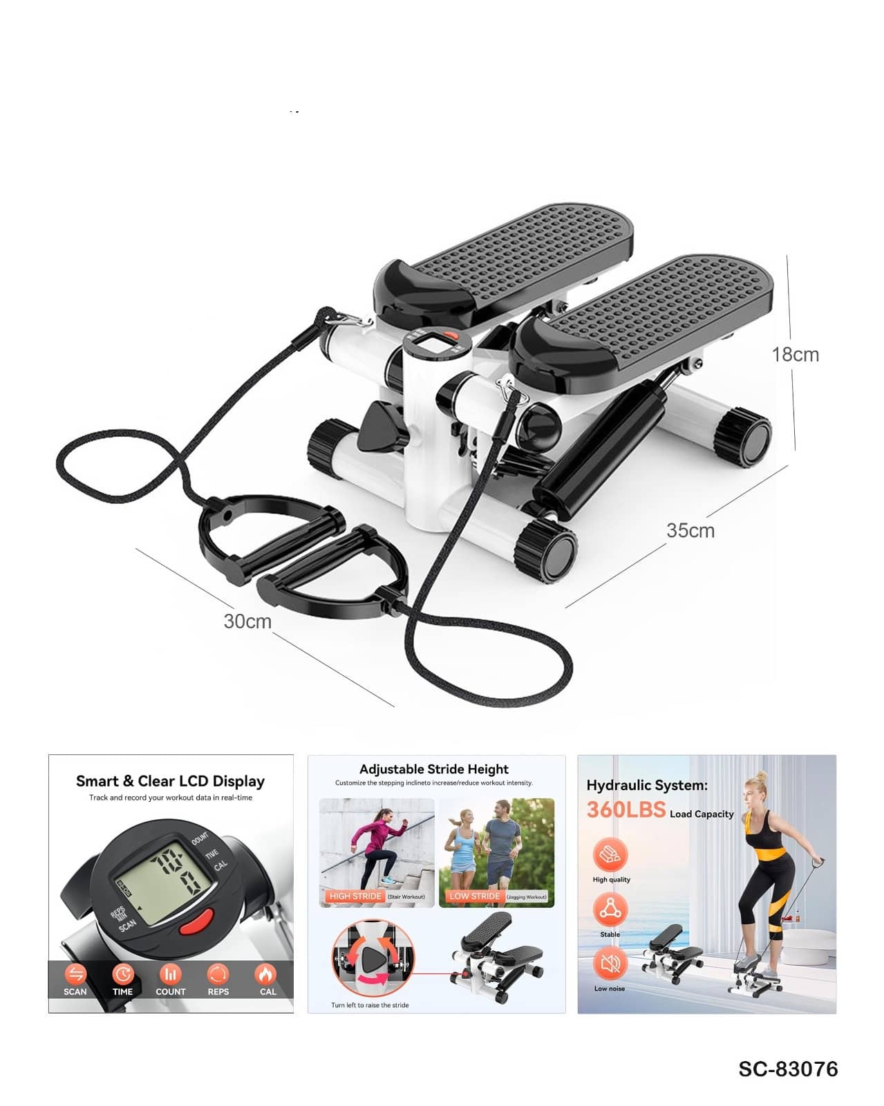 Mini Stepper Exercise Machine with Resistance Bands and LCD Display"SC-83076"