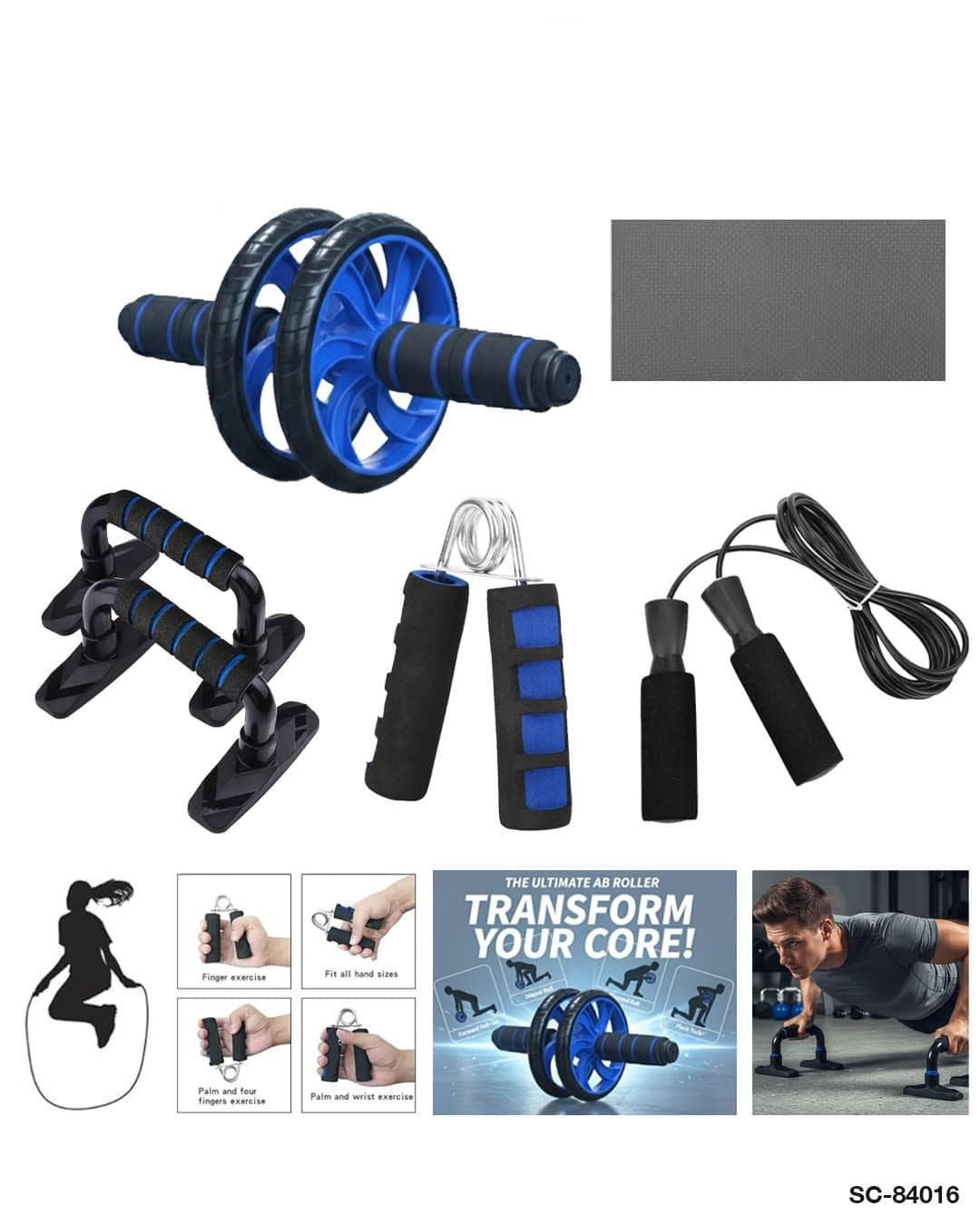 5-in-1 Ab Fitness Double Wheel Roller Kit (Ab Roller + Push-Up Bars + Hand Grip + Skipping Rope + Knee Mat) – SC-84016