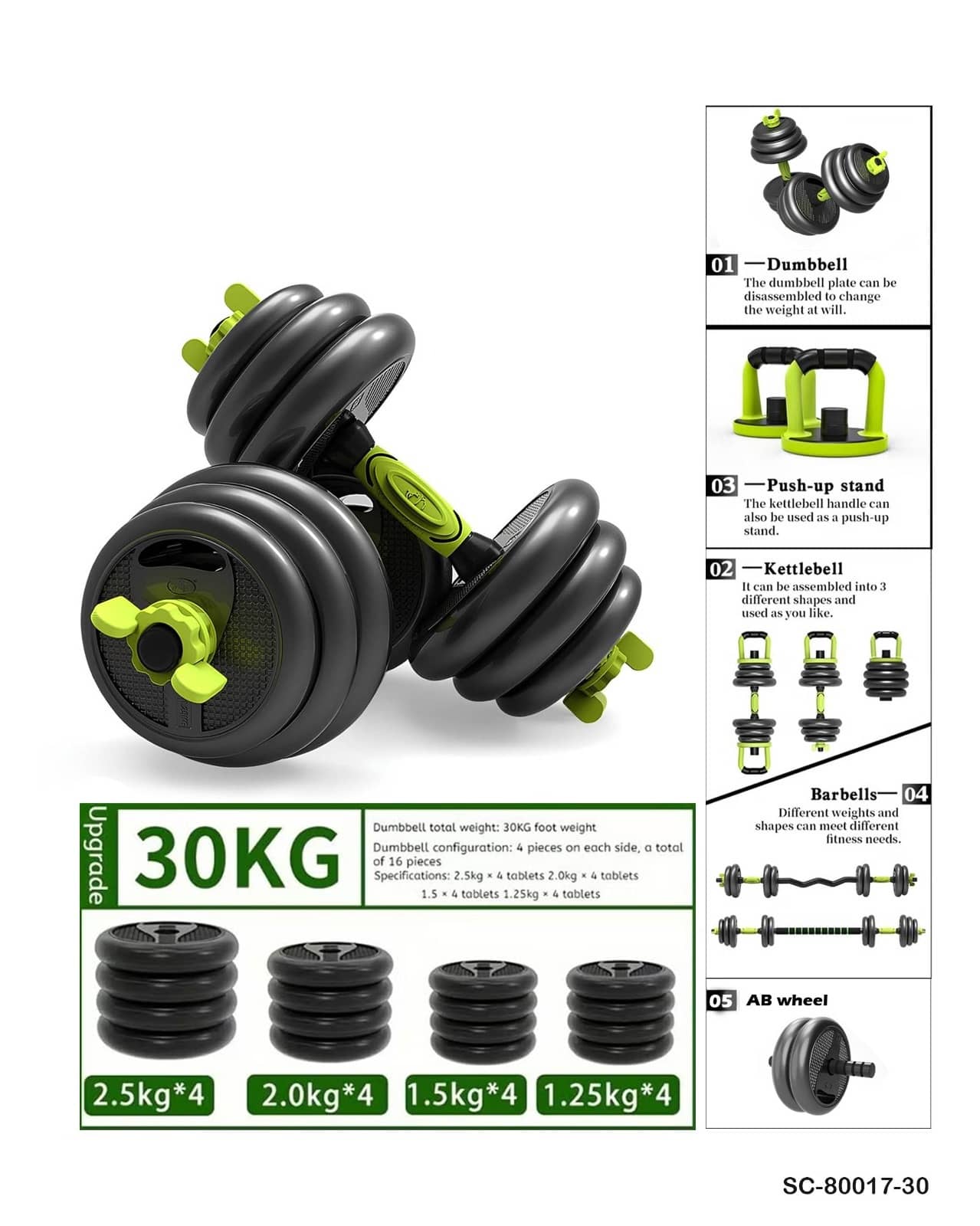 Multifunctional 5-in-1 Adjustable Dumbbell Set (15KG-20kg-30kg) – Dumbbell / Barbell / Kettlebell / Push-Up Stand / AB Wheel – SC-80017-15