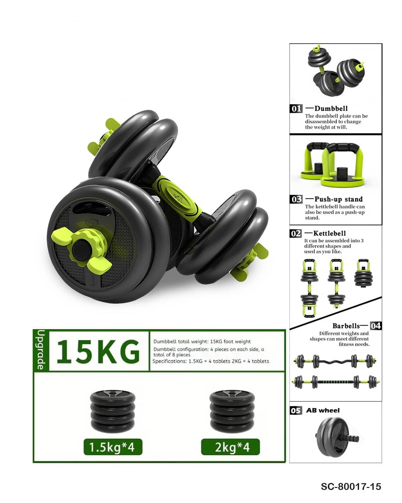 Multifunctional 5-in-1 Adjustable Dumbbell Set (15KG-20kg-30kg) – Dumbbell / Barbell / Kettlebell / Push-Up Stand / AB Wheel – SC-80017-15