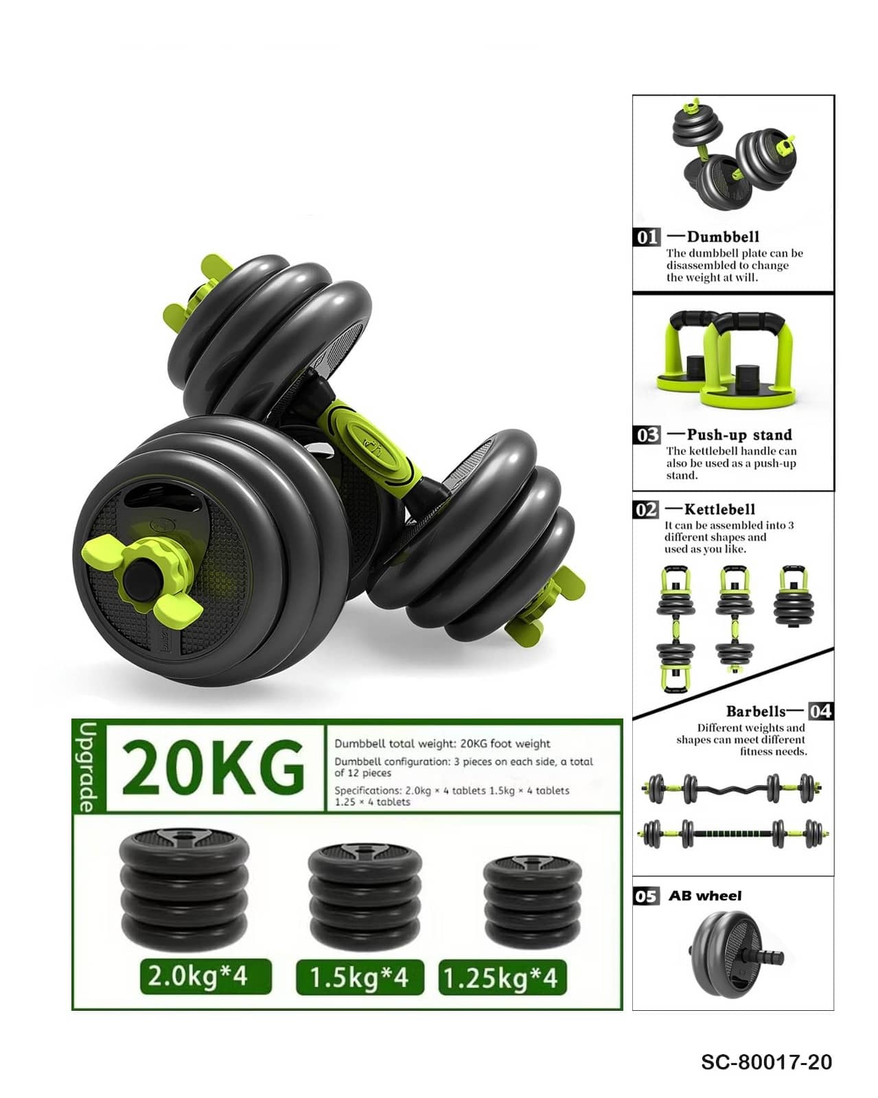 Multifunctional 5-in-1 Adjustable Dumbbell Set (15KG-20kg-30kg) – Dumbbell / Barbell / Kettlebell / Push-Up Stand / AB Wheel – SC-80017-15