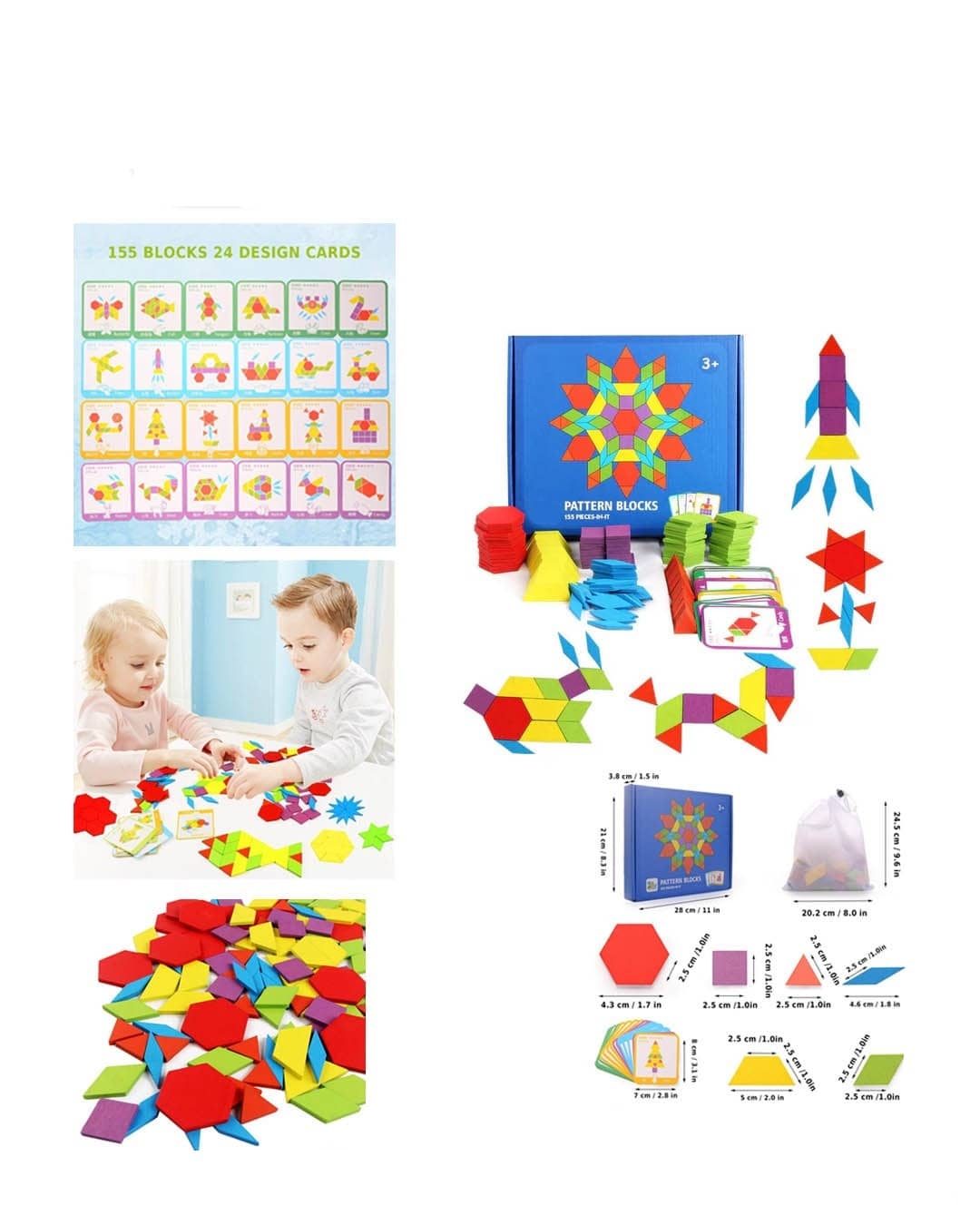 155 Pieces Wooden Pattern Blocks Set with 24 Design Cards – Geometric Shape Puzzle for Creative Learning (SH295-06)