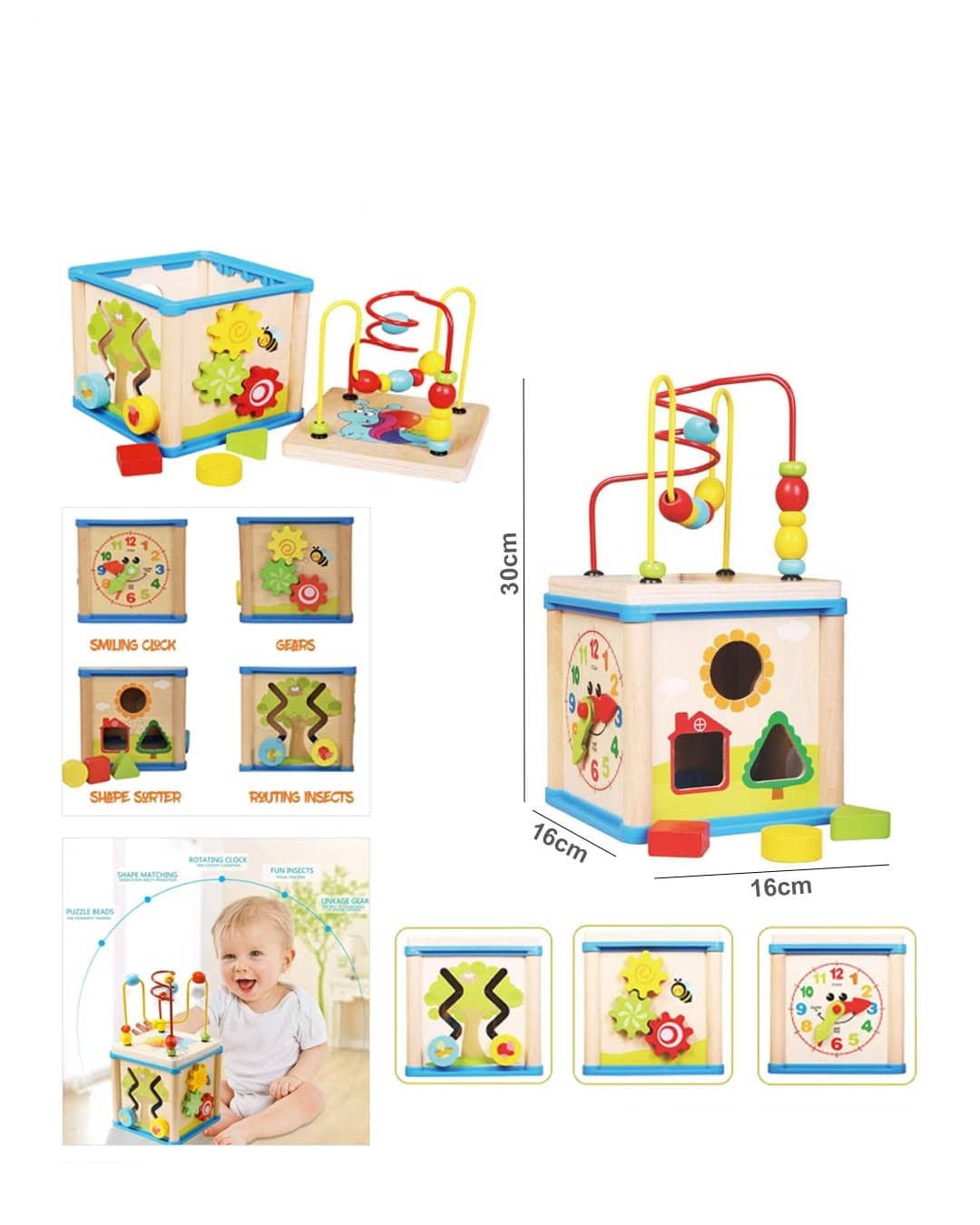 Product Name (SEO) Multifunctional Wooden Educational Activity Cube with Bead Maze and Shape Sorter – Early Learning Toy (SH295-08)