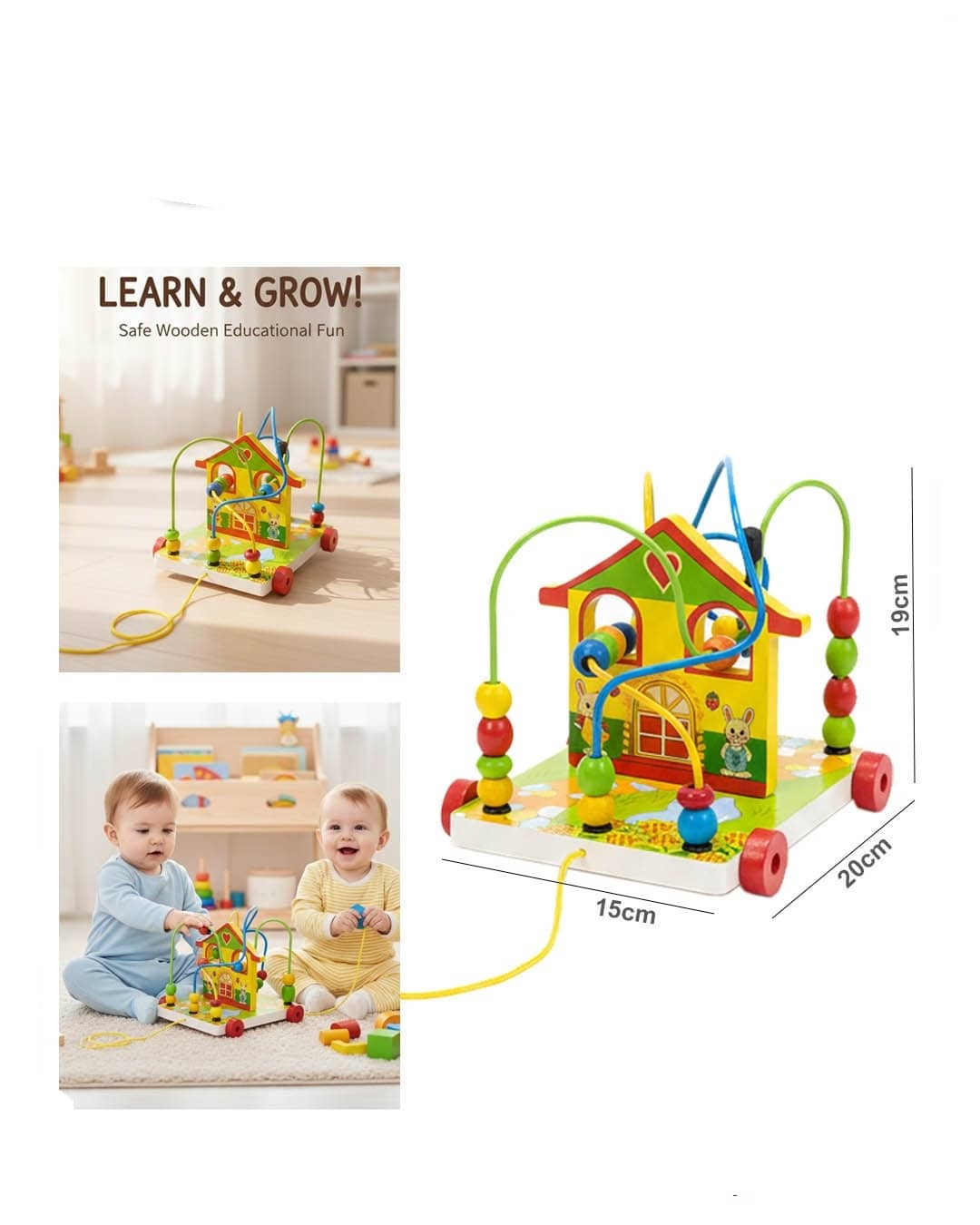 Multifunctional Wooden Pull-Along Bead Maze Car with Circles – Early Learning Dragging and Maze Toy (SH295-09)