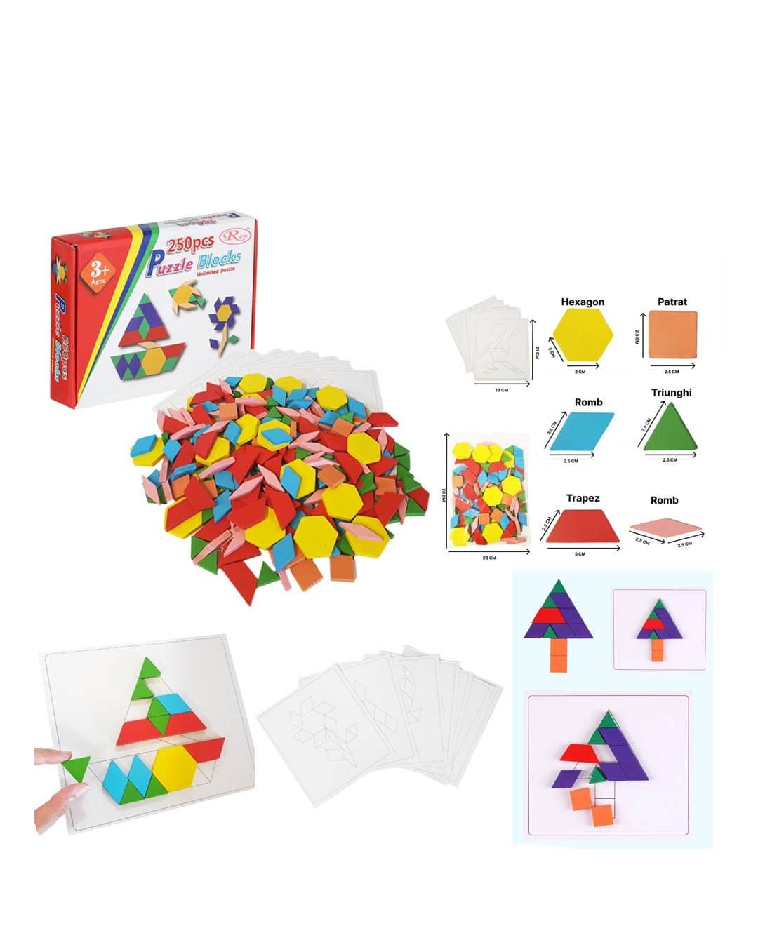 Educational Wooden Tangram Puzzle Set with 250 Geometric Pieces and 10 Worksheets – Creative Learning Game (SH295-11)
