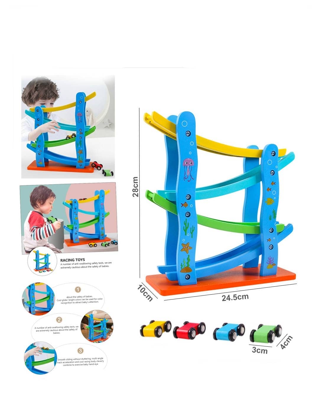 Wooden Car Race Track Slide with Roller Coaster Design – Kids Racing and Motor Skills Toy (SH295-13)