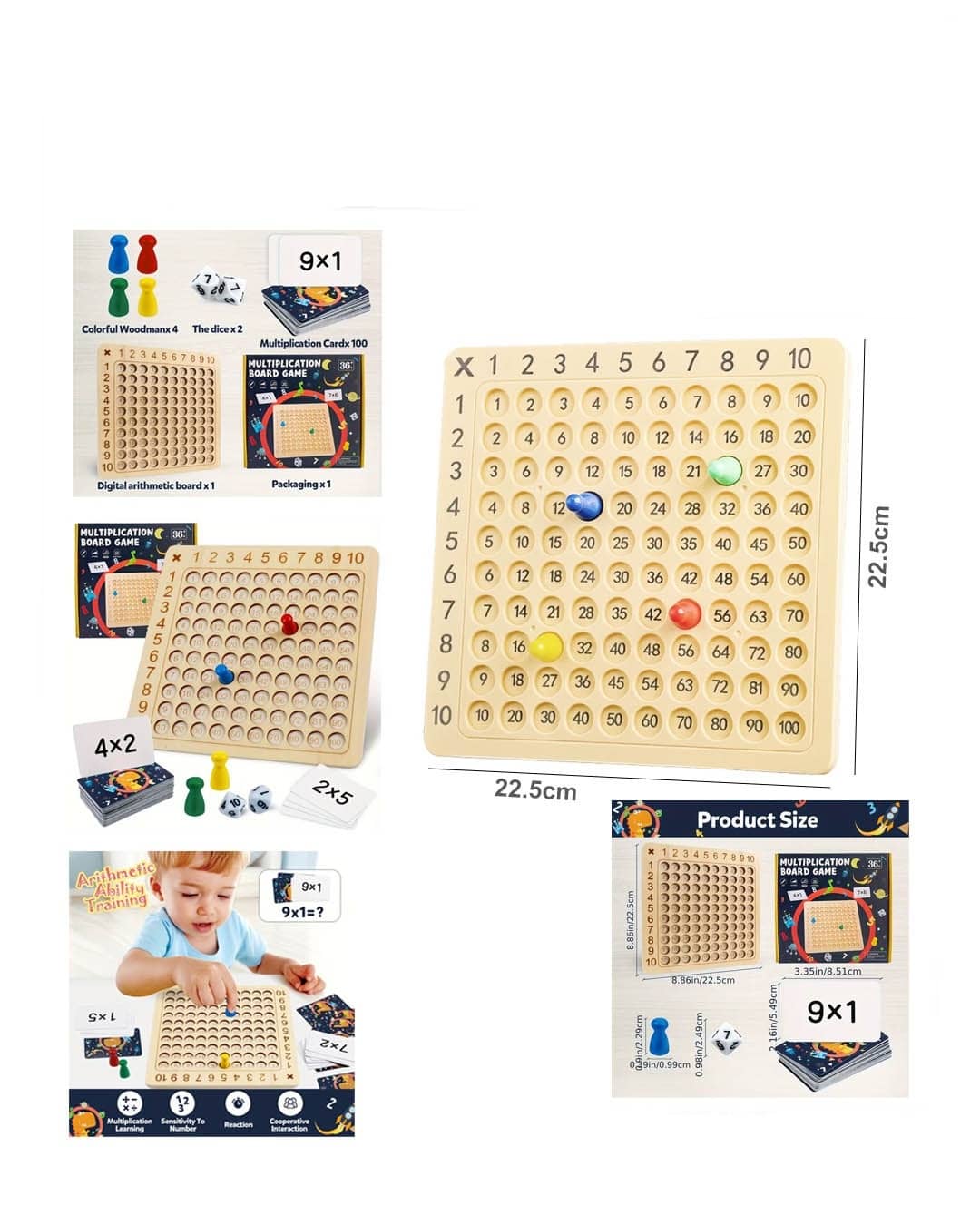 Wooden Math Multiplication Board Game with Flash Cards – Interactive Learning and Arithmetic Practice Toy (SH295-15)