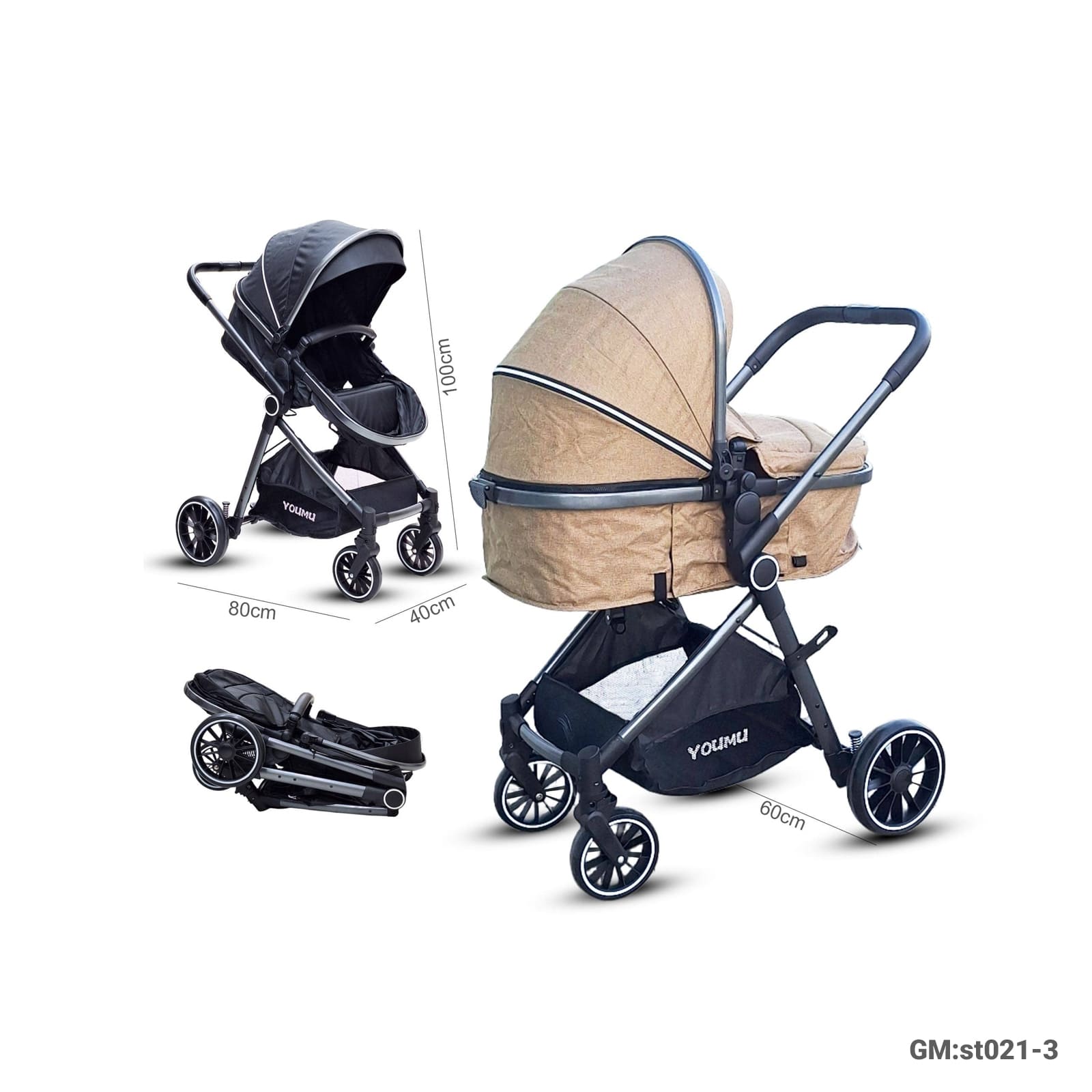 2-in-1 Baby Stroller with Carrycot, Canopy, and Storage Basket – ST021-3